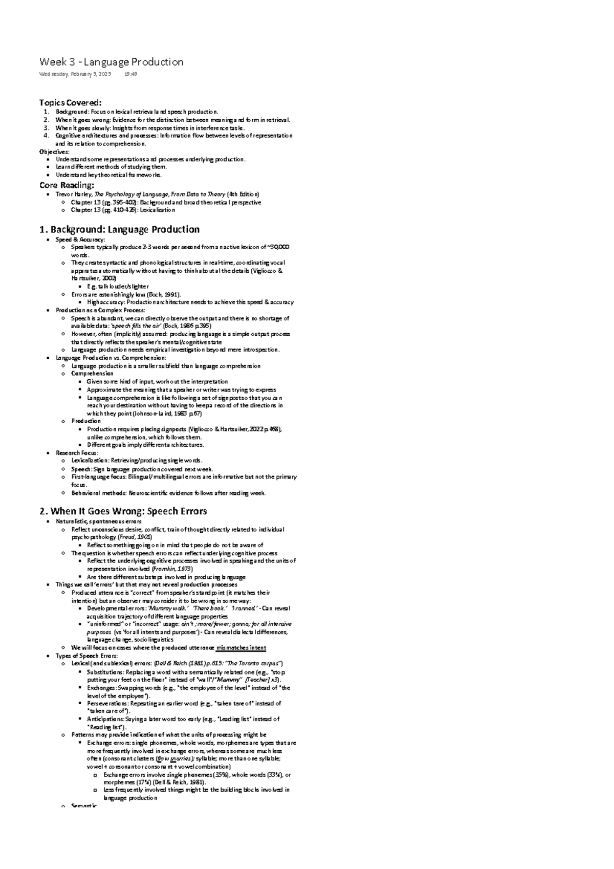 Week 3 Lecture Notes: Language Production Insights and Theories - Studocu