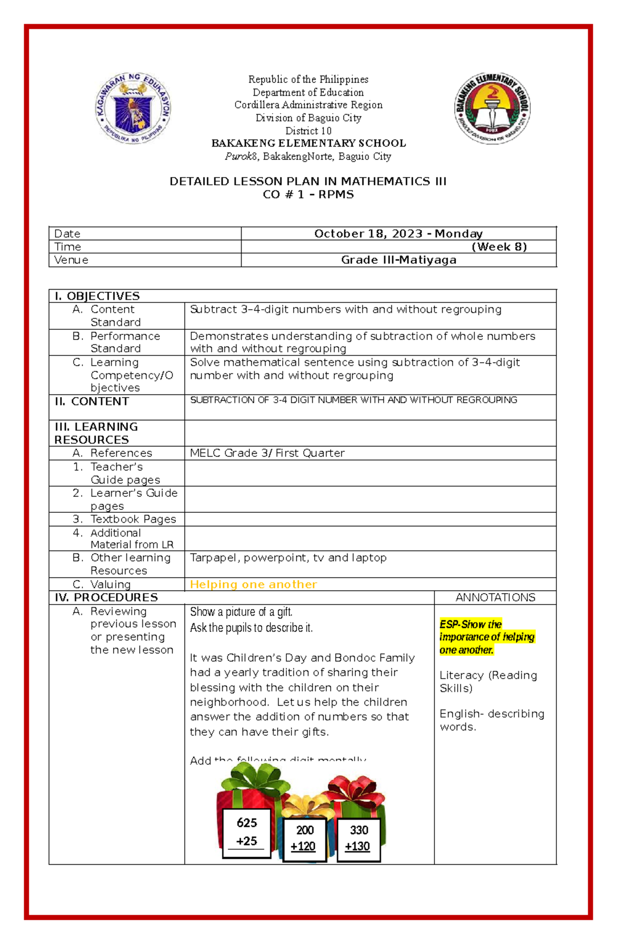 COT 1 MATH 2023-2024: Detailed Lesson Plan on Subtraction - Studocu