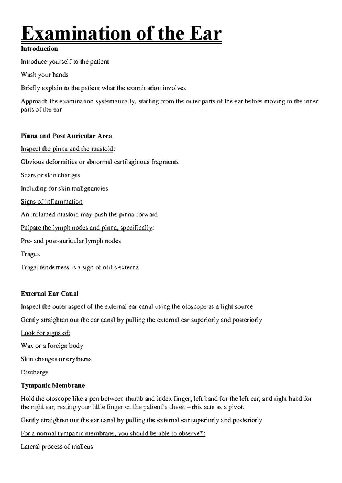 ENT Examination: Systematic Approach to Ear Assessment - Studocu