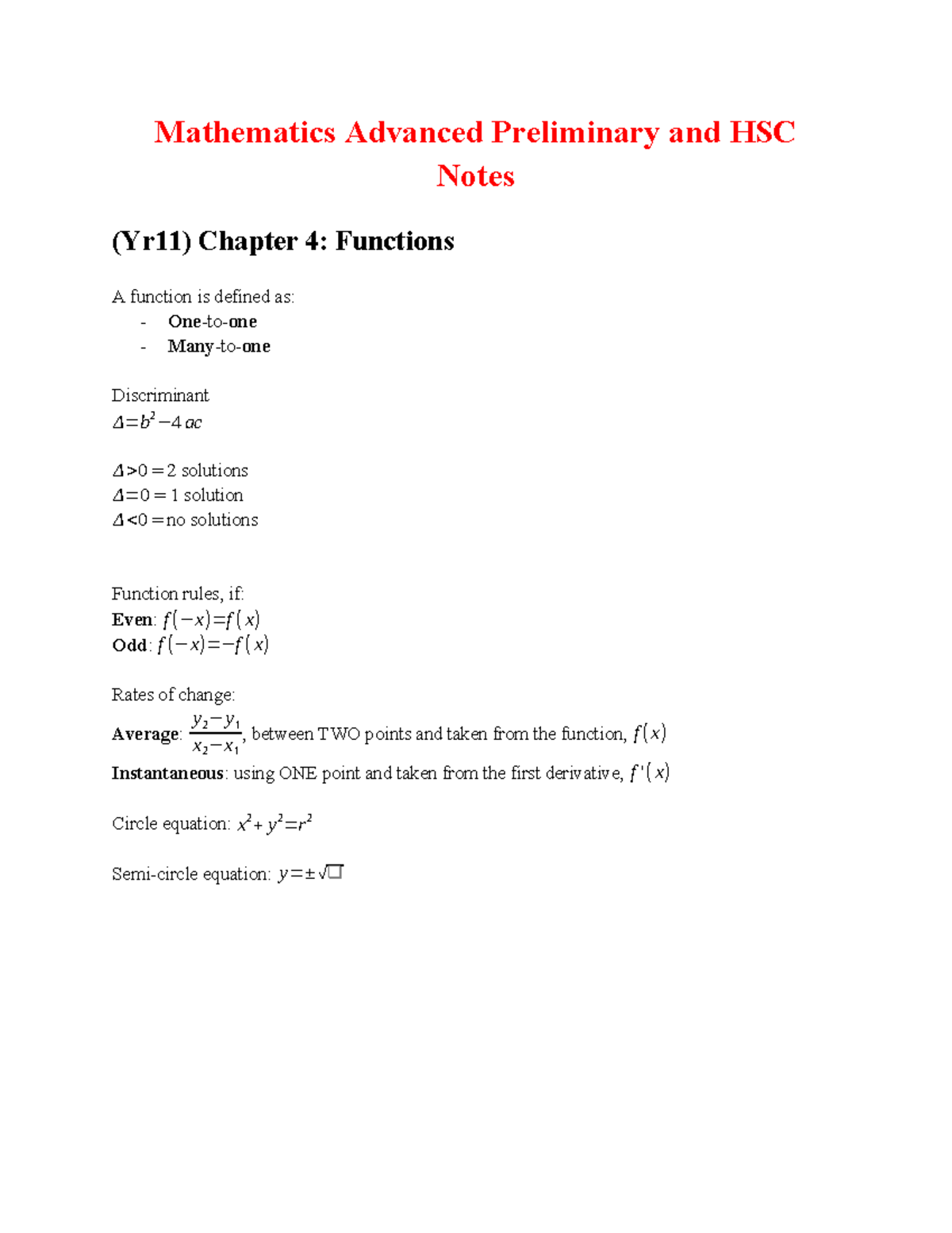 Mathematics Advanced (Yr11 & Yr12) Chapter Notes: Functions & Calculus ...
