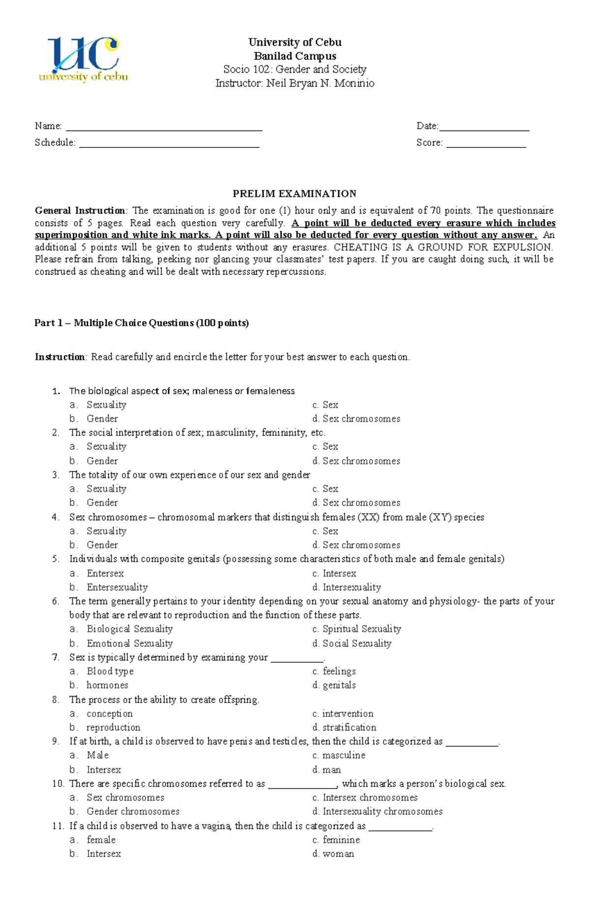 Socio 102: Gender and Society Prelim Exam Instructions and Questions ...