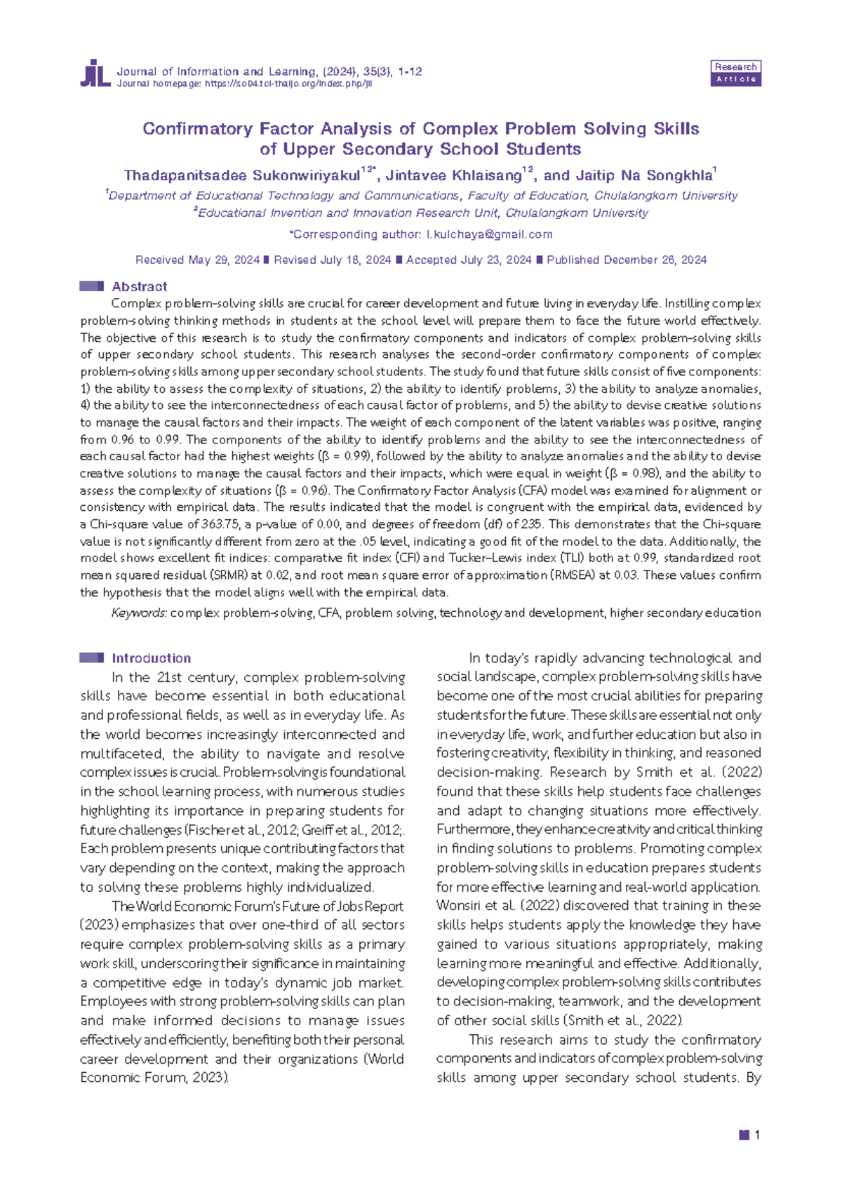 CFA of Complex Problem Solving Skills in Upper Secondary Students (EDU ...
