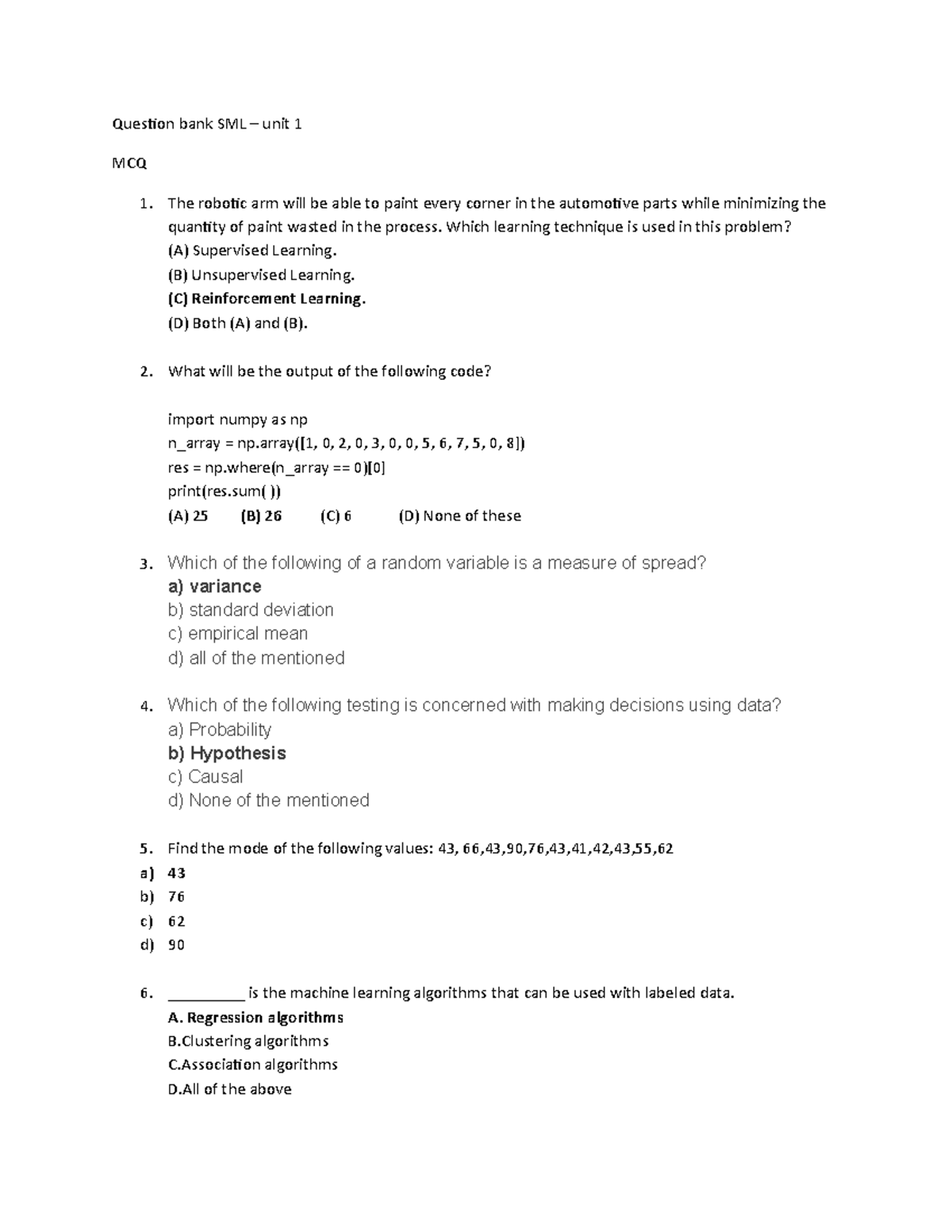 Question Bank SML-CT1: Multiple Choice & Short Answer - Unit 1 - Studocu