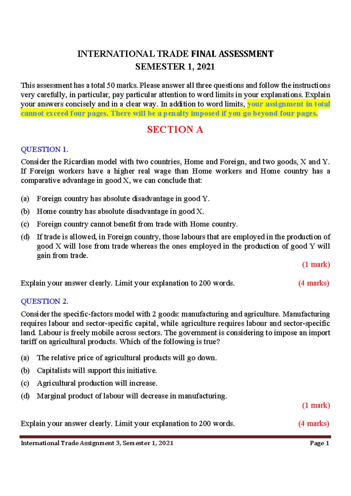 INTL TRADE 101: FINAL ASSESSMENT SEM 1 2021 (50 MARKS) - Studocu