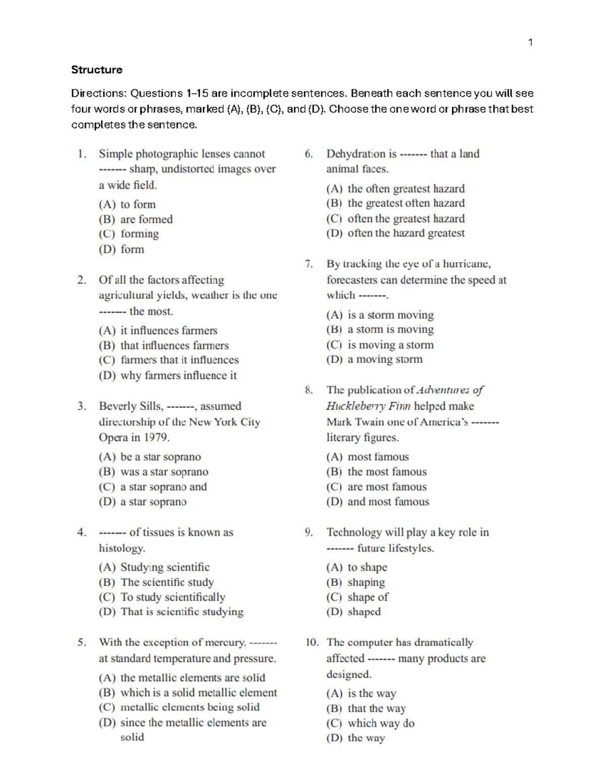 Structure & Written Expression - English Course - Structure Directions ...