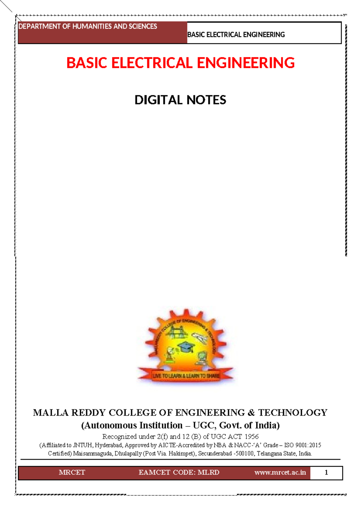 Basic Electrical Engineering (R20) - Comprehensive Digital Notes - Studocu
