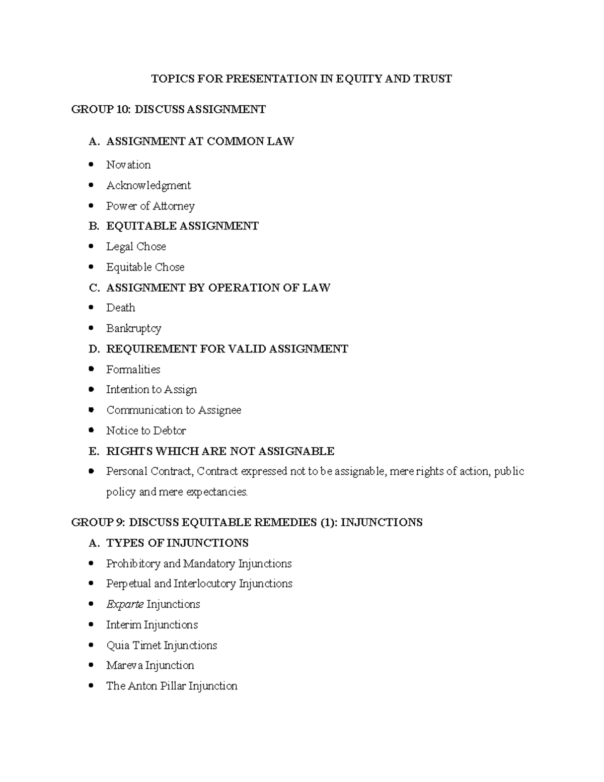 Presentation Topics for Equity and Trust (Group 10) - Studocu