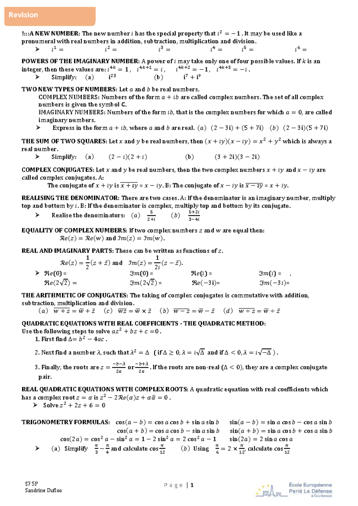 S7 5P Complex Numbers: Revision Notes and Key Concepts - Studeersnel