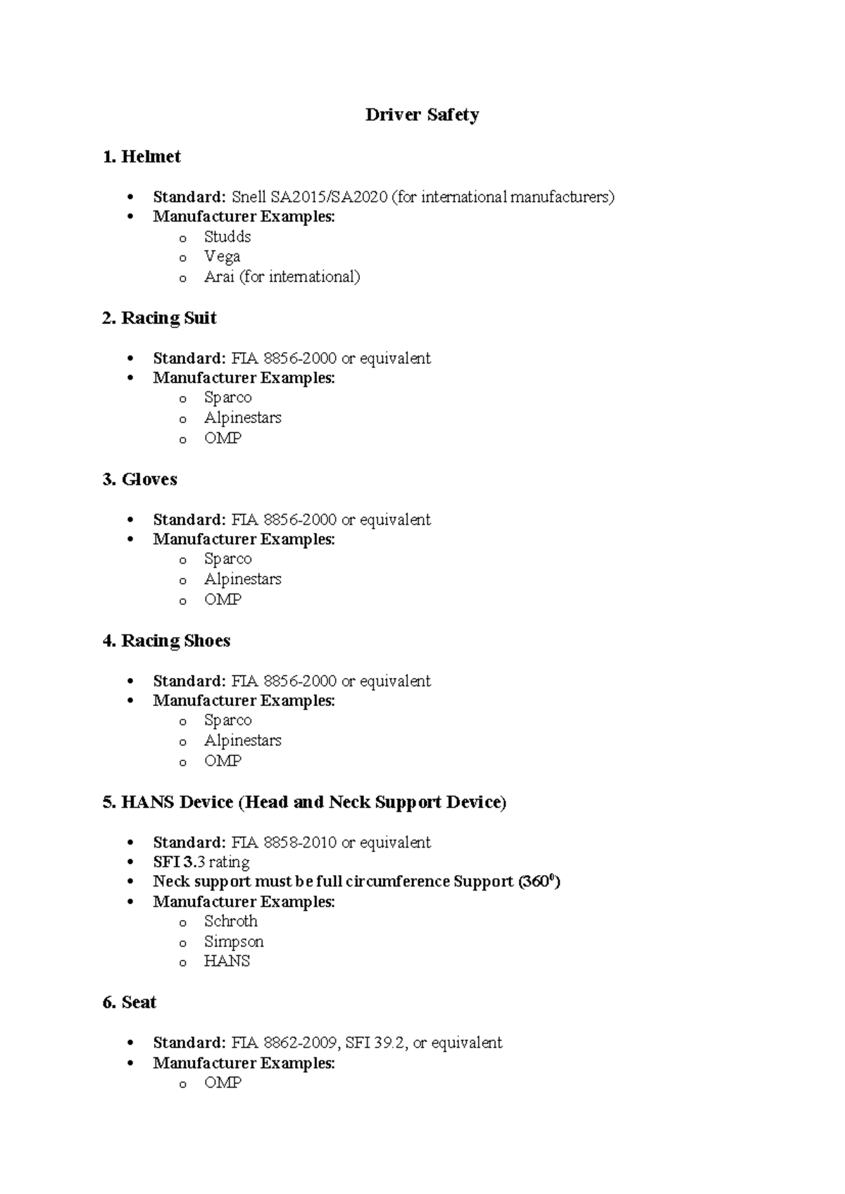 Driver Safety - assignment - Driver Safety 1. Helmet Standard: Snell ...