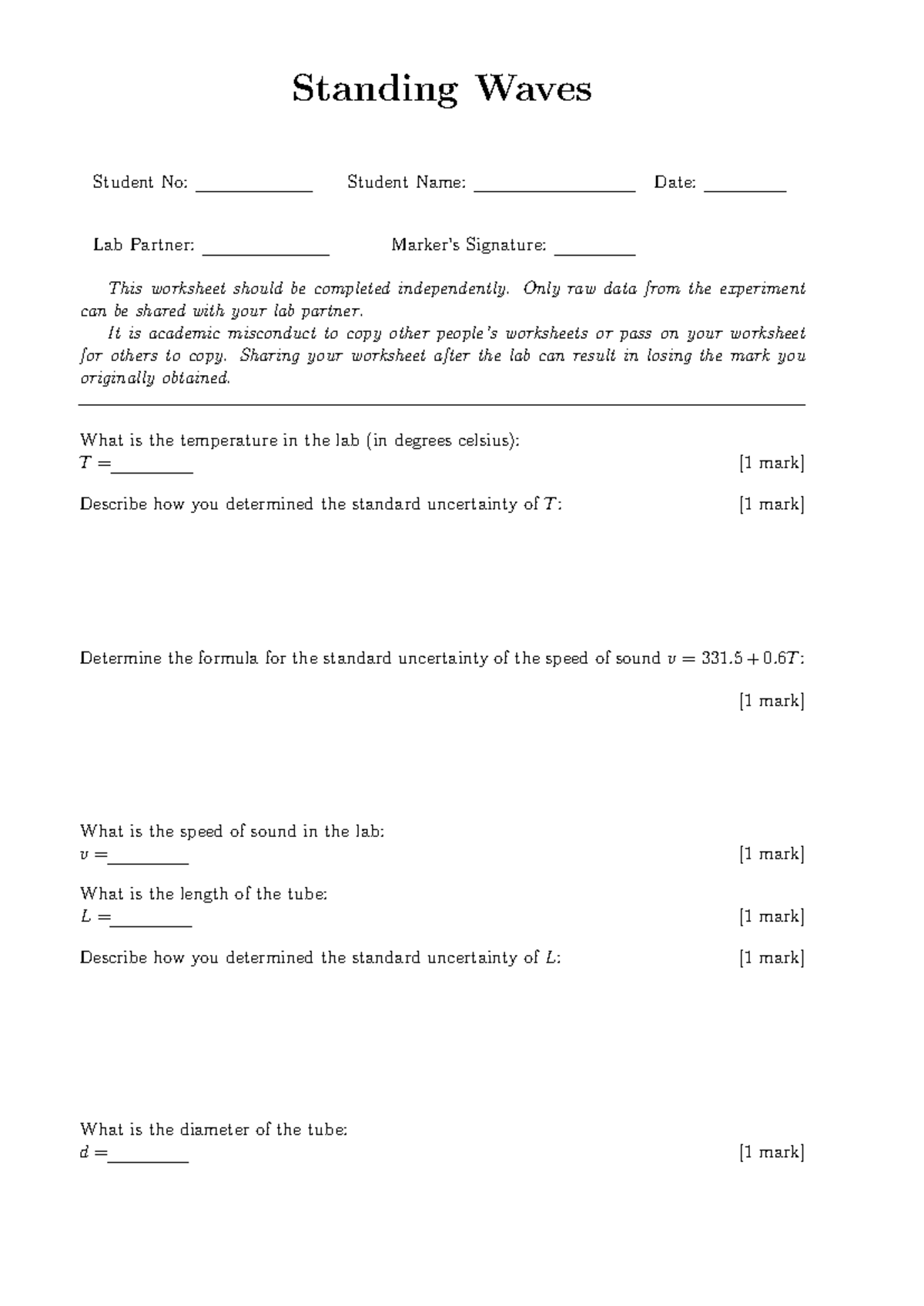 PHYS1001 Standing Waves Lab Worksheet and Data Analysis - Studocu
