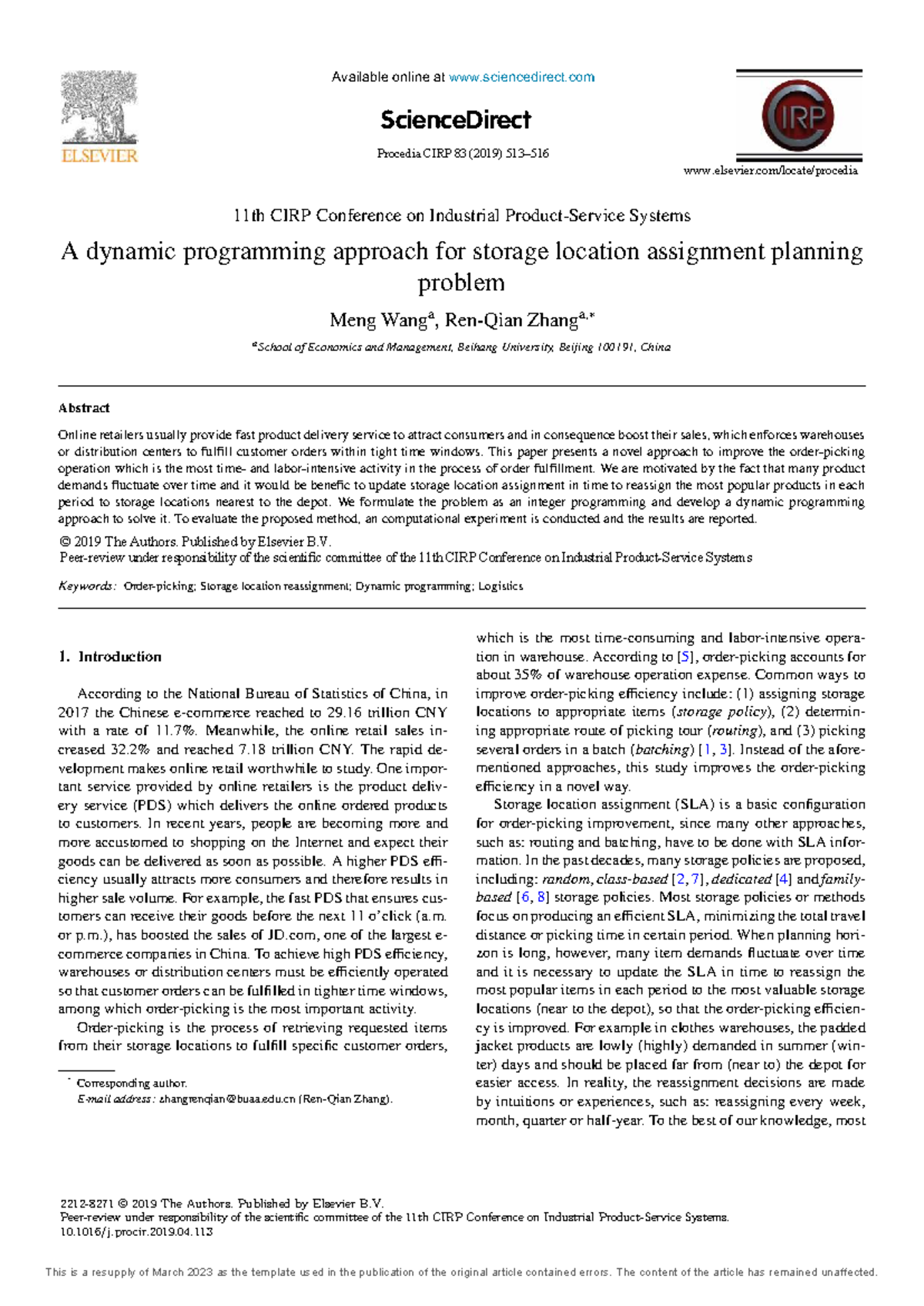 Dynamic Programming for Storage Location Assignment Planning (SLAPP ...