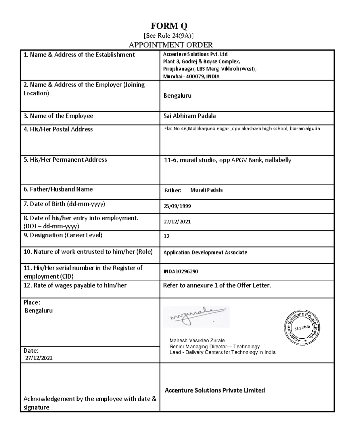 Forms - Appointment Order Template for Accenture Employees - Studocu