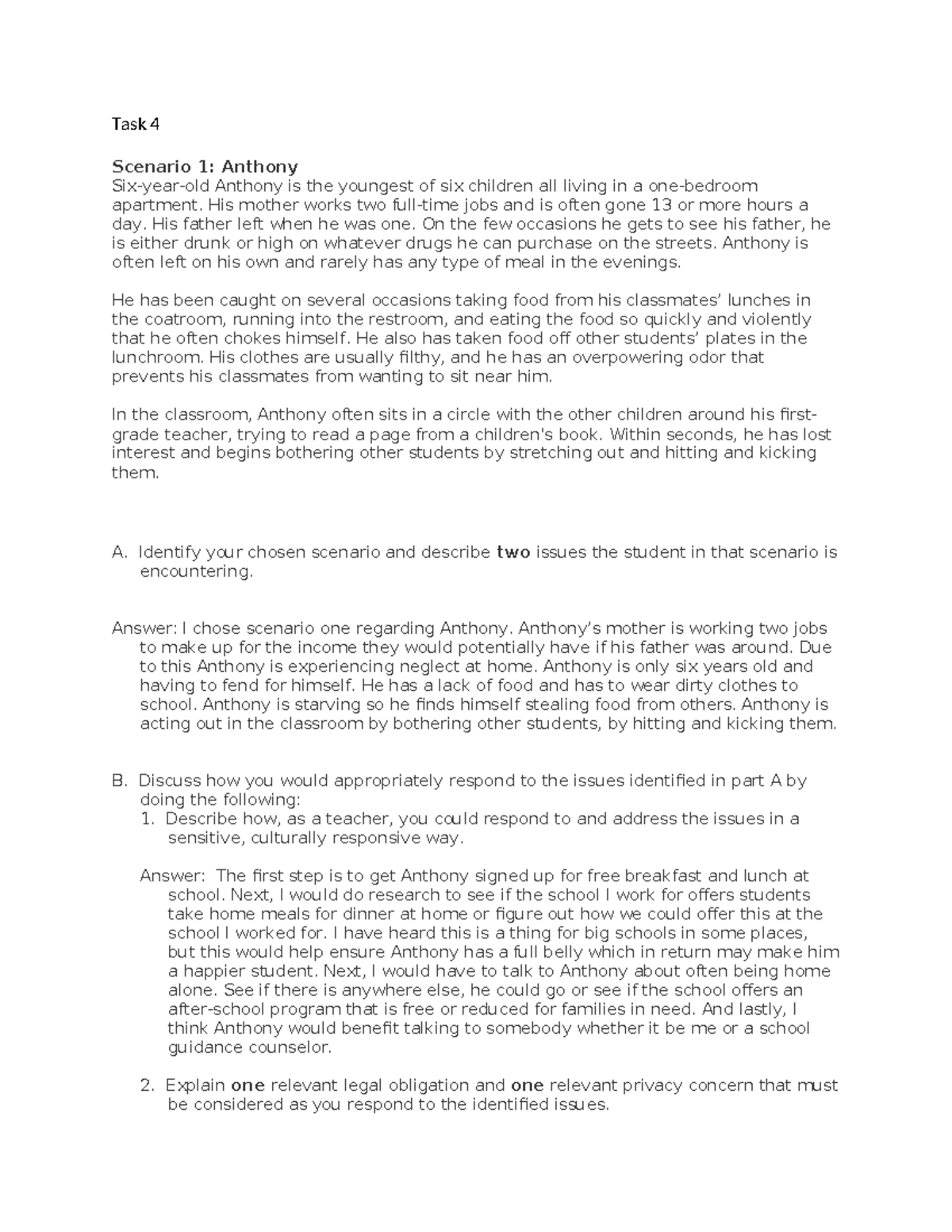 Task 4: Addressing Anthony's Neglect and Classroom Behavior Issues ...