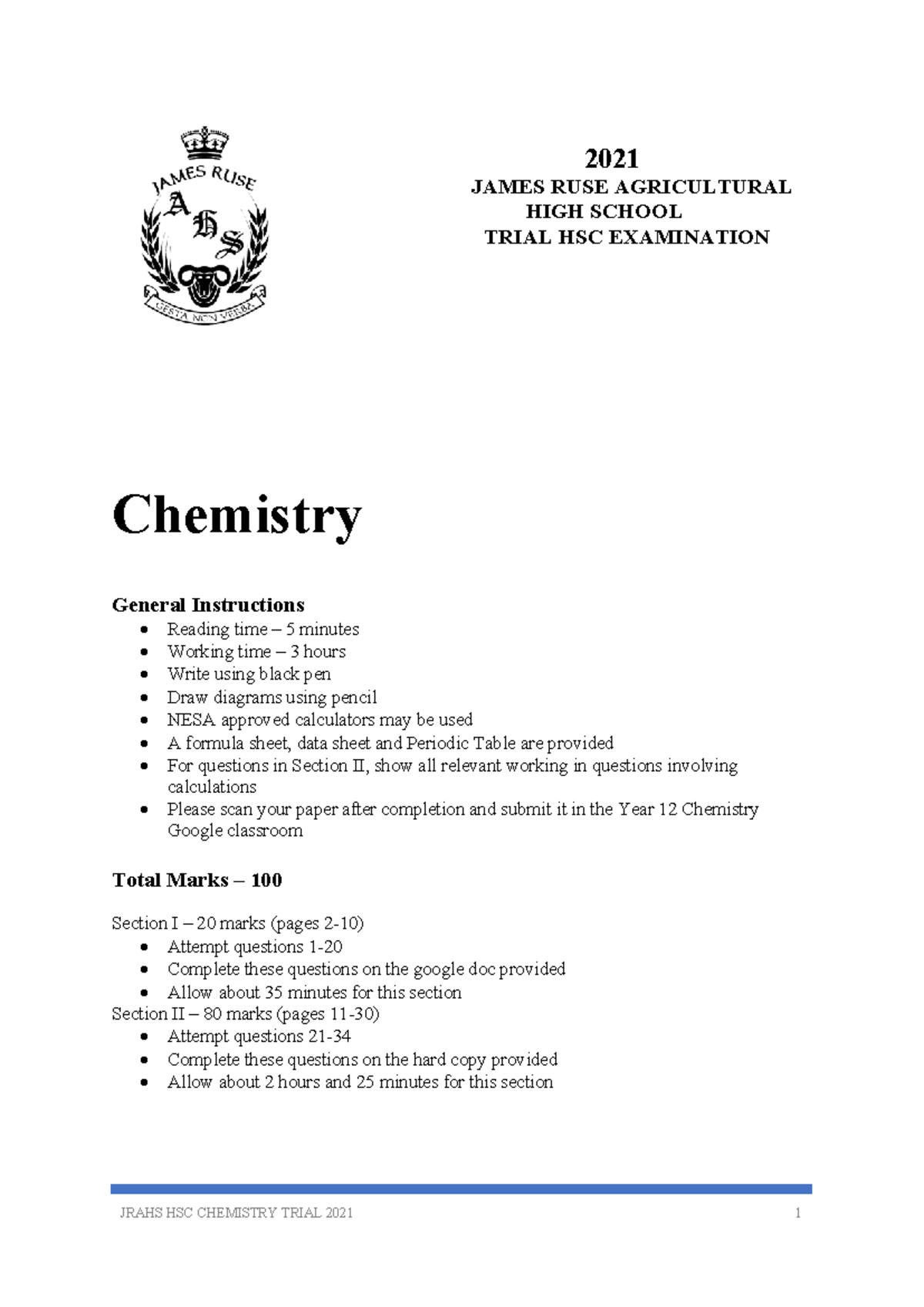 James Ruse 2021 Chemistry Trial HSC Exam & Solutions Notes - Studocu