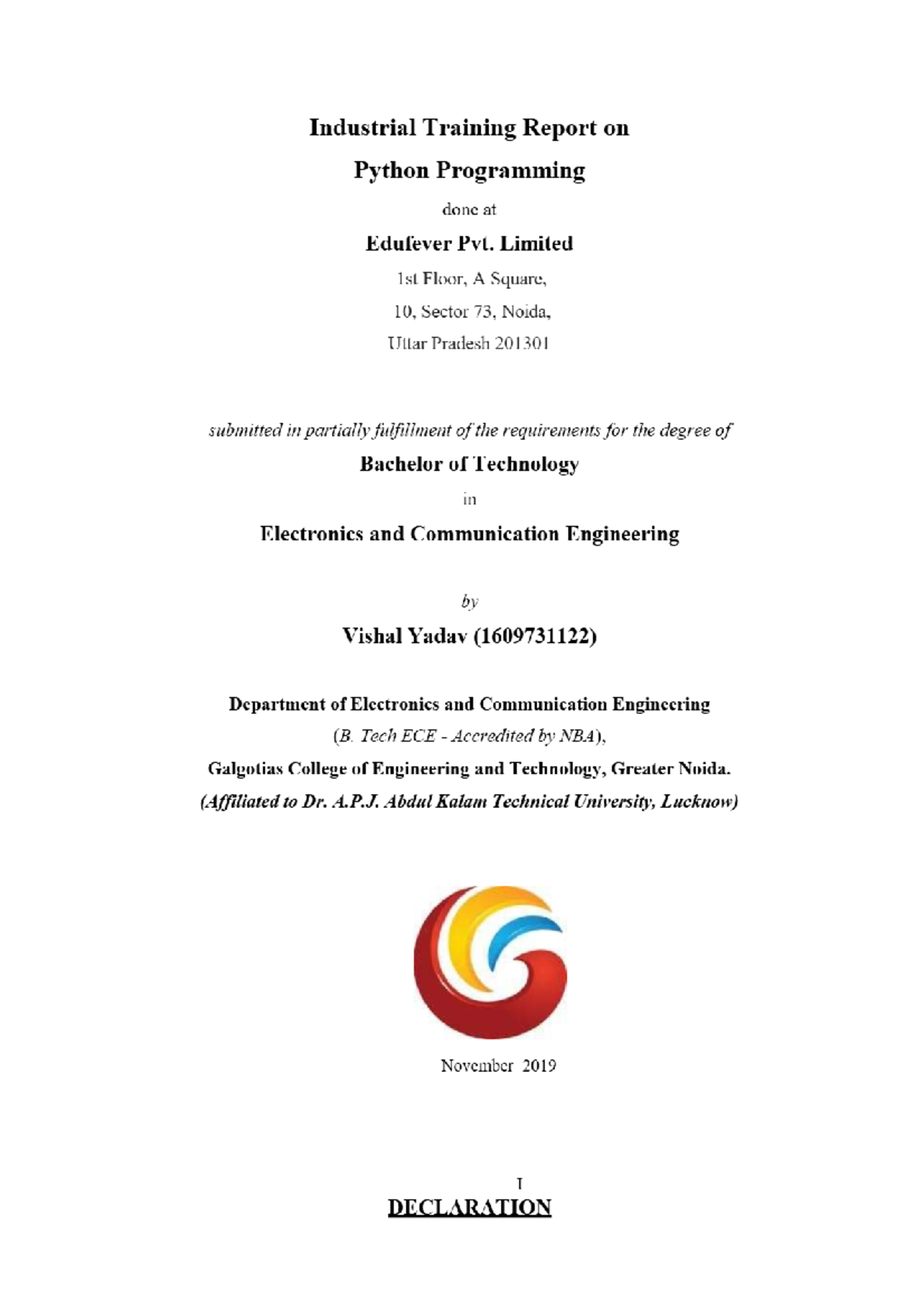Industrial training report on python new - Industrial Training Report ...