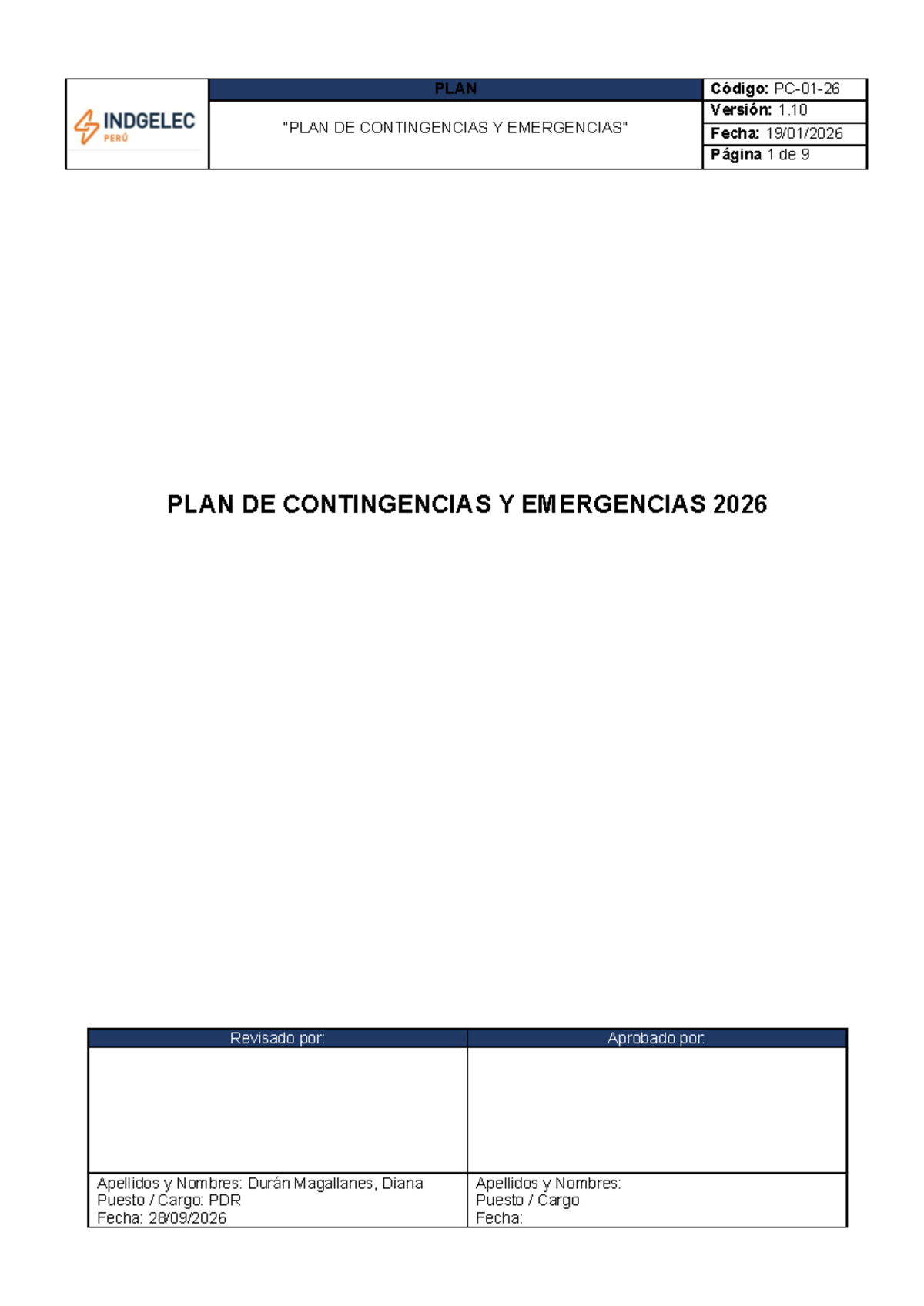 PLAN DE CONTINGENCIAS Y EMERGENCIAS 2026 - INDGELEC PERÚ S.A.C. - Studocu
