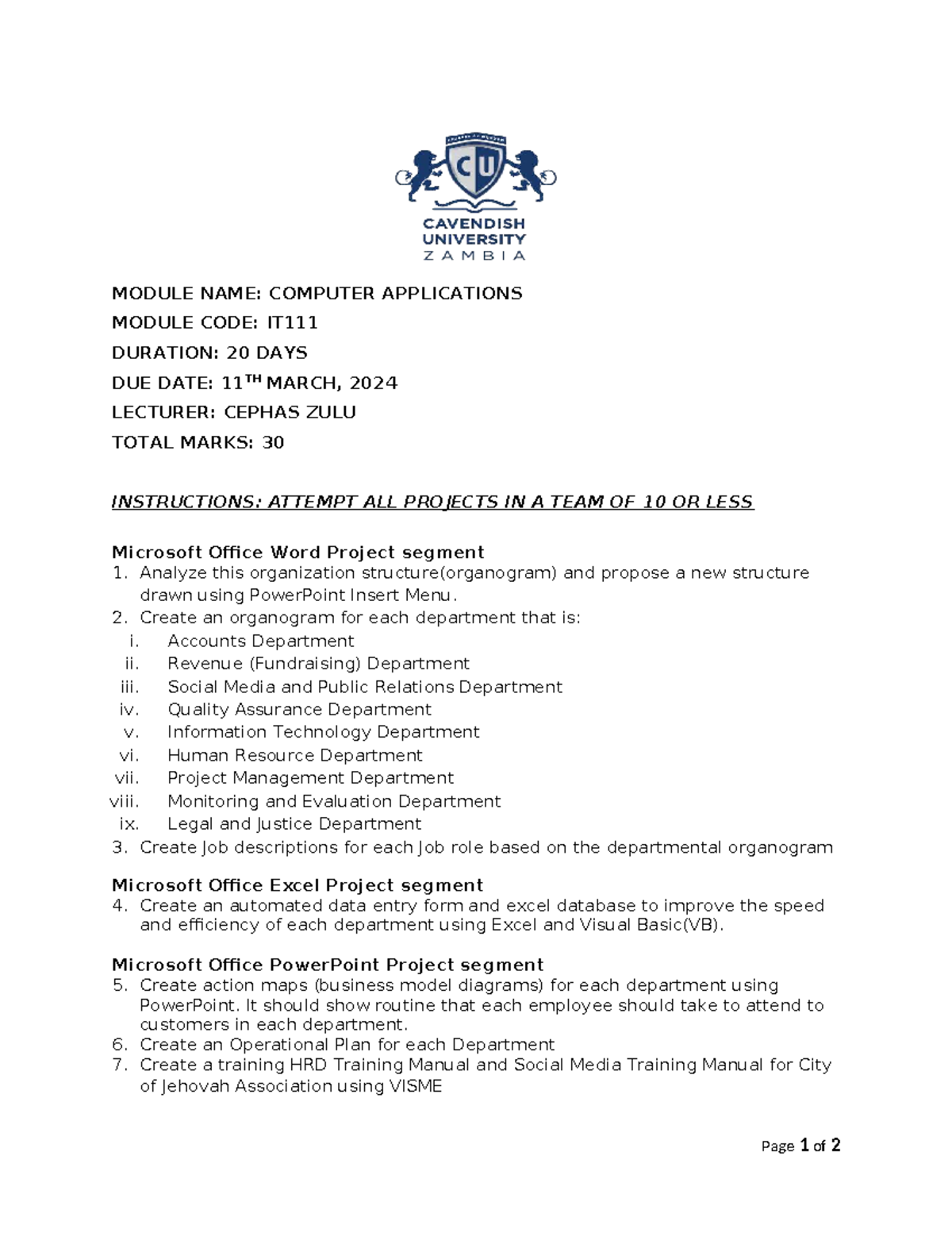 IT111 Computer Applications Assignment 1: Project Guidelines and Tasks ...