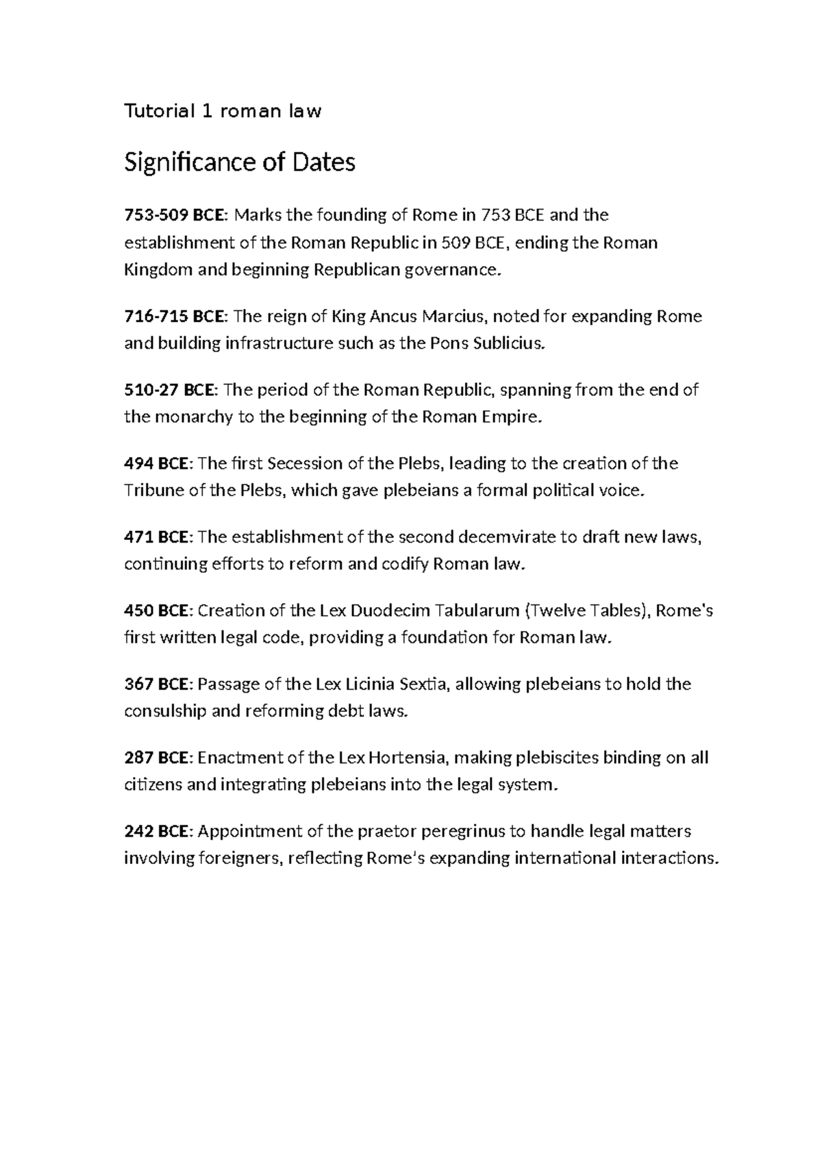 Tutorial 1 roman law - Tutorial 1 roman law Significance of Dates 753 ...