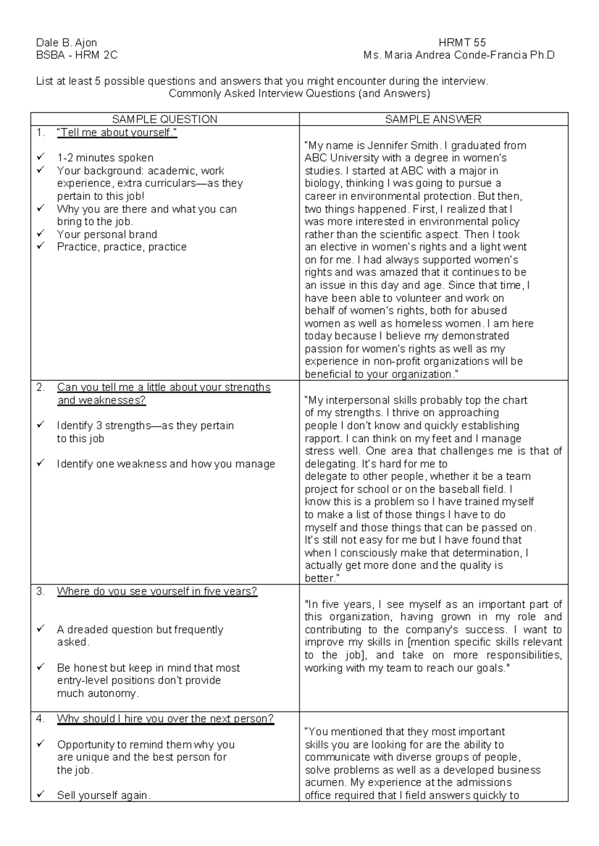 BSBA HRM 2C HRMT 55: 5 Common Interview Questions & Sample Answers ...