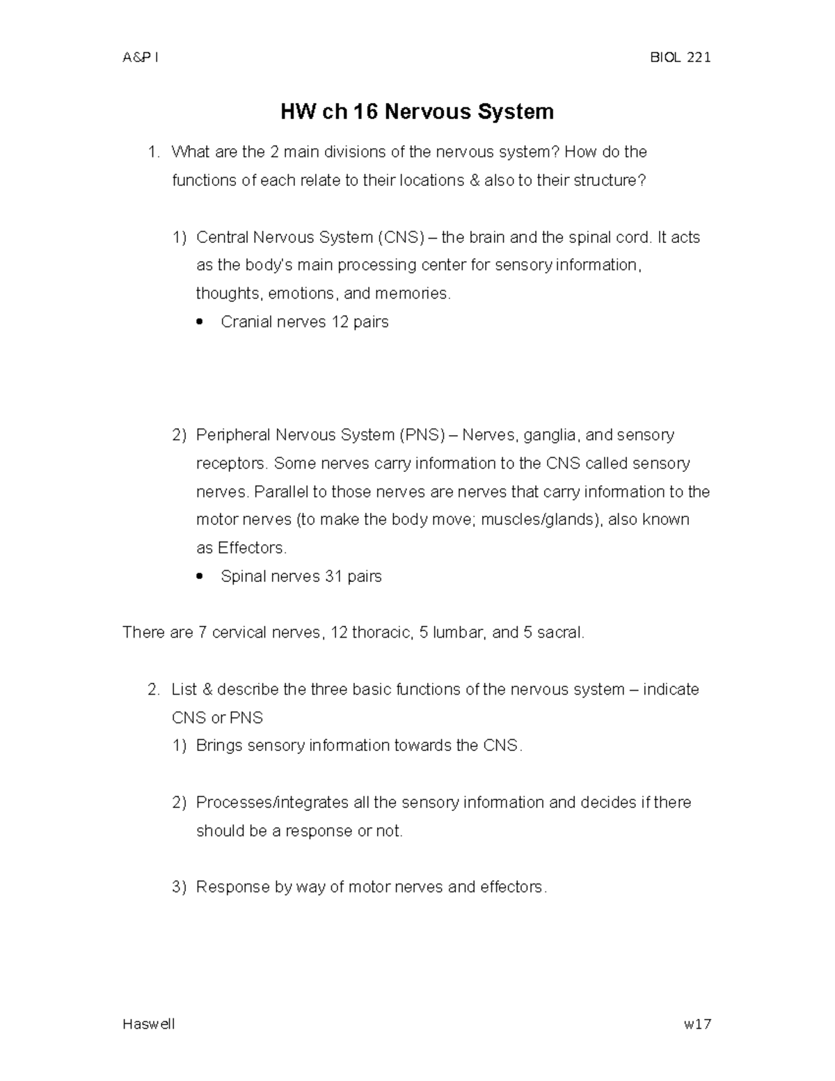 BIOL 221 Final Exam Study Notes: Overview of the Nervous System - Studocu
