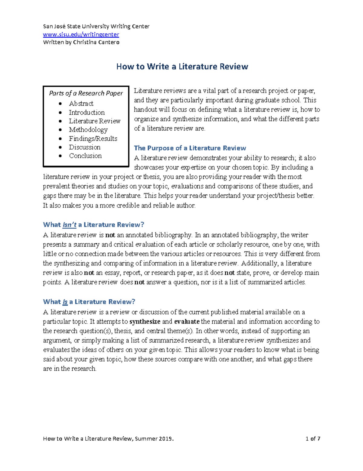 SJSU LLD 250W: How to Write a Literature Review - Key Notes - Studocu