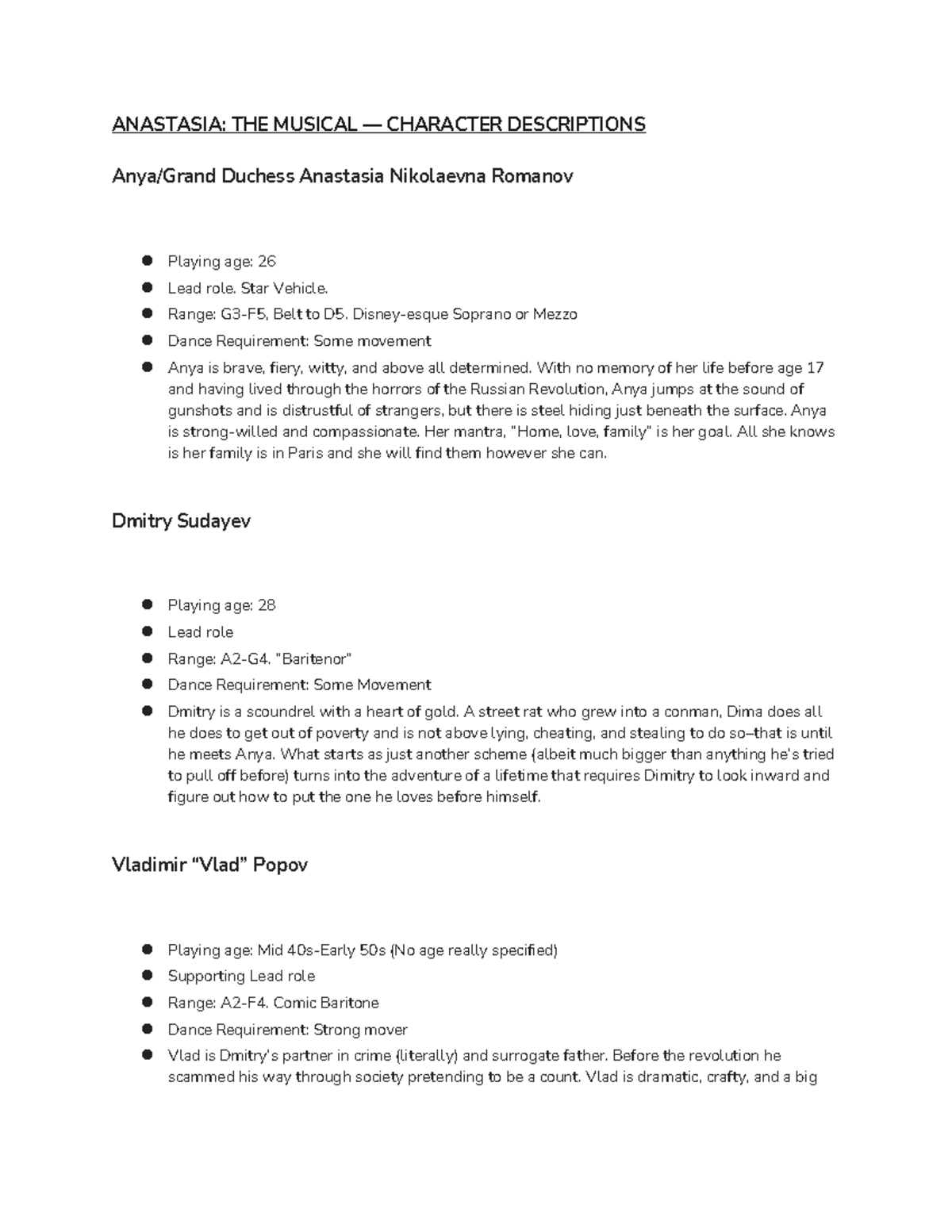 ANASTASIA: THE MUSICAL CHARACTER DESCRIPTIONS (Final Exam) - Studocu