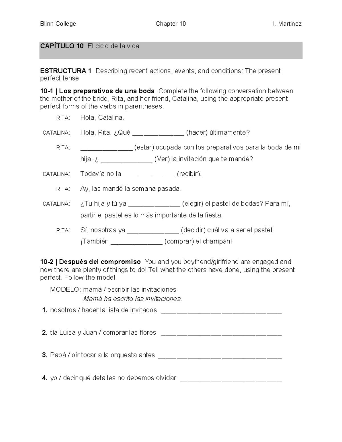 Blinn College Spanish 101 Chapter 10 - Present Perfect Practice - Studocu