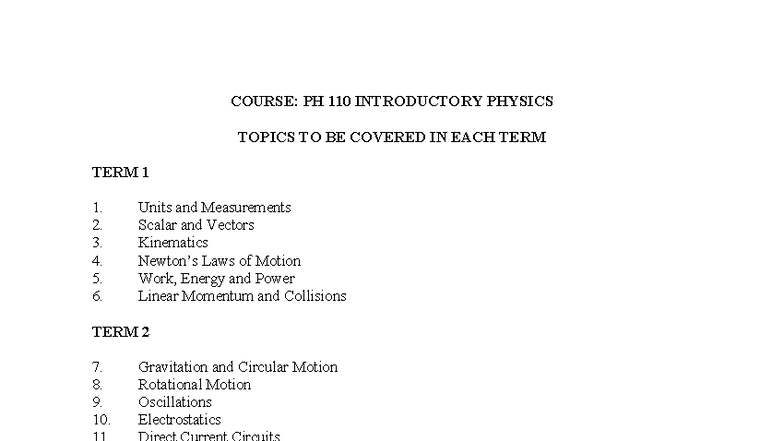 PH 110 Introductory Physics Course Outline and Topics - Studocu