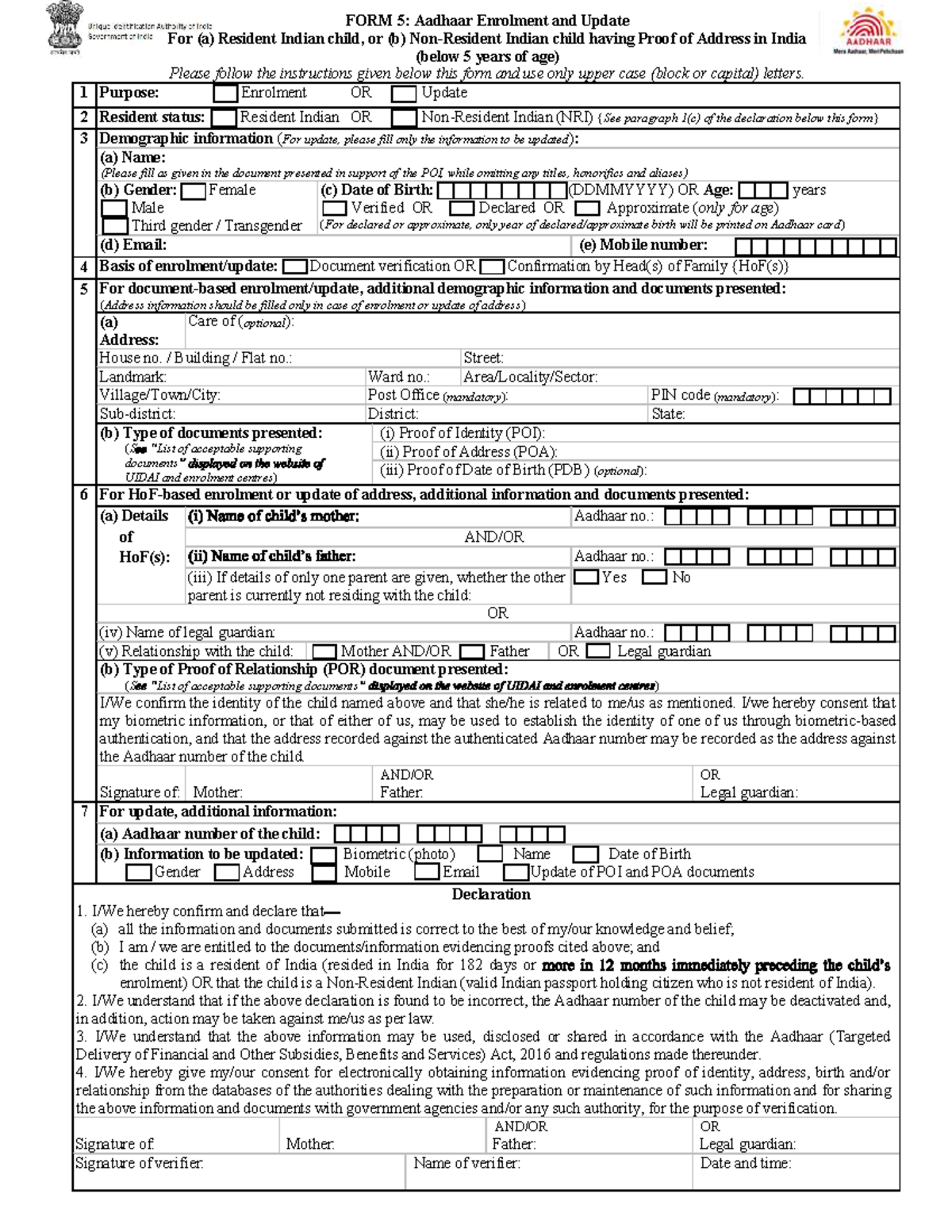 FORM 5: Aadhaar Enrolment & Update for Indian Children Under 5 - Studocu