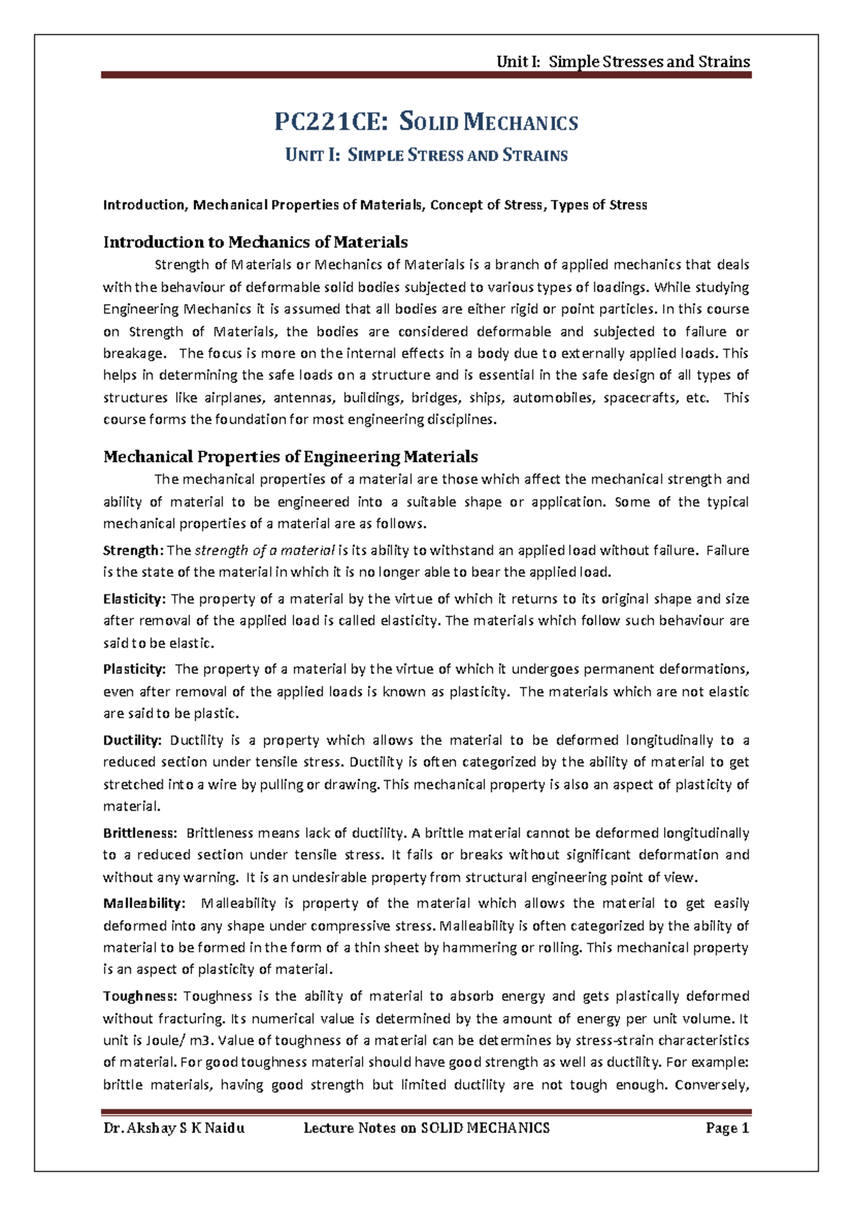 PC221CE: Solid Mechanics Unit 1 - Simple Stress & Strain Notes - Studocu
