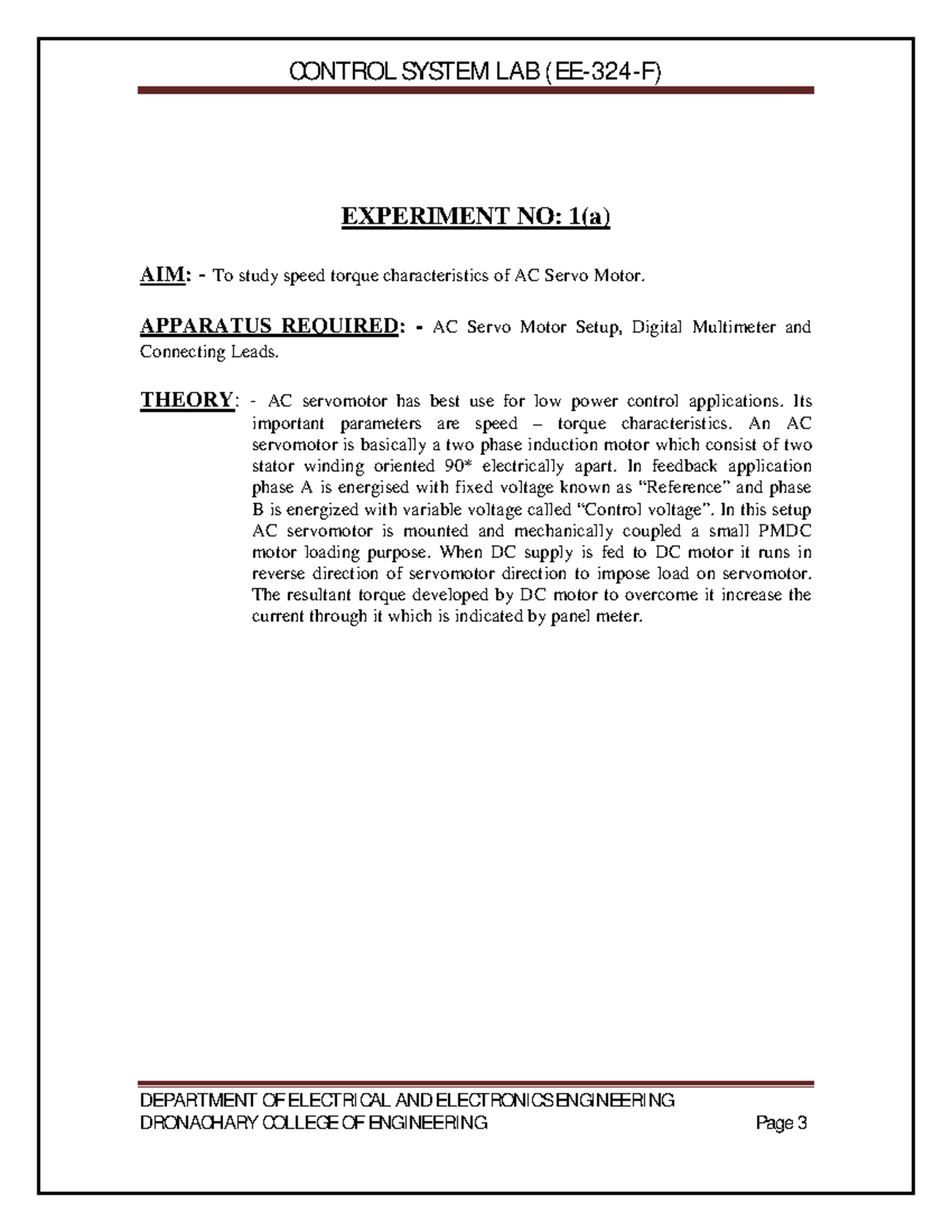 CONTROL SYSTEM LAB EXPERIMENTS: AC & DC Servo Motor Characteristics ...