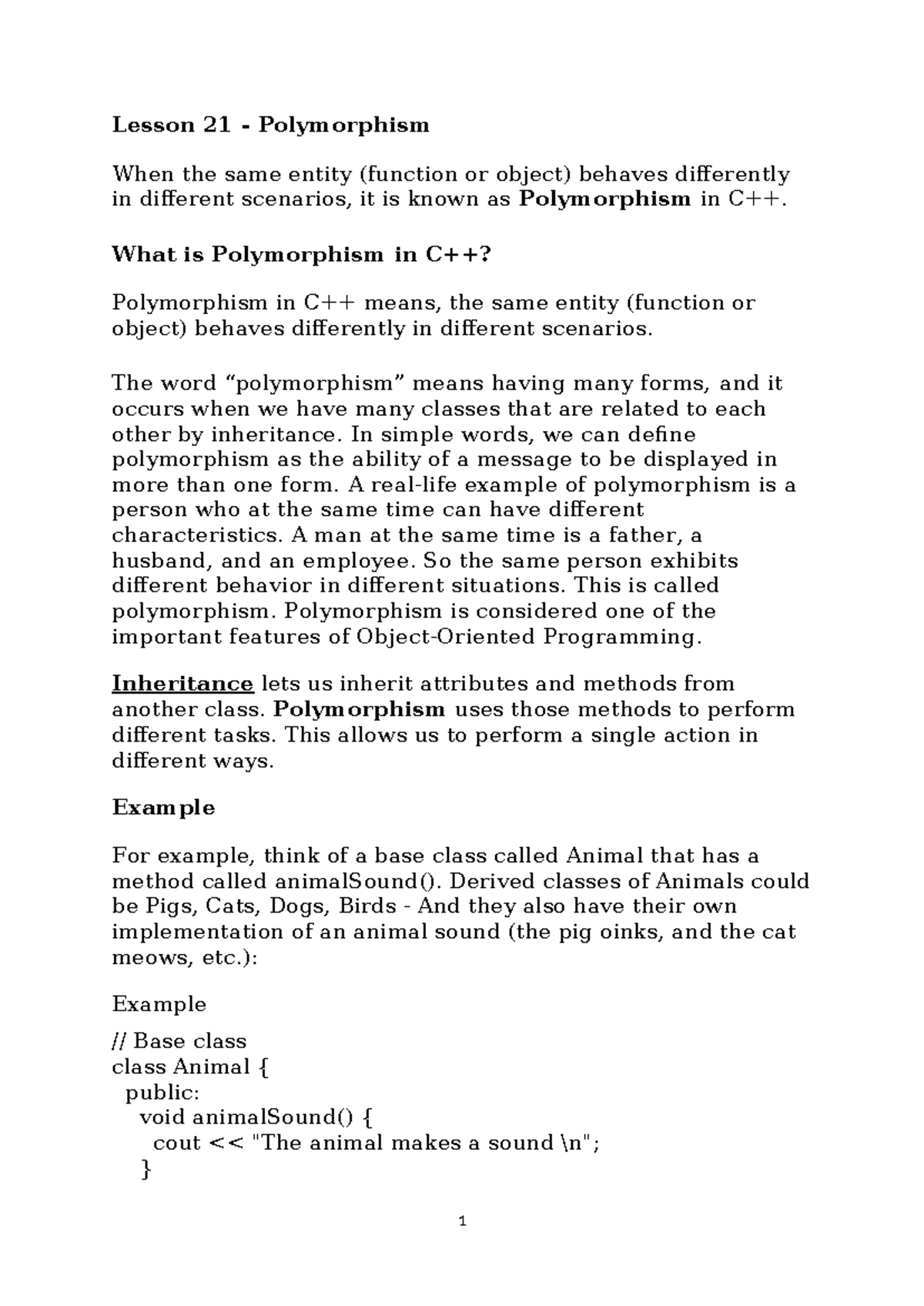 Lesson 21: Understanding Polymorphism in C++ Programming - Studocu