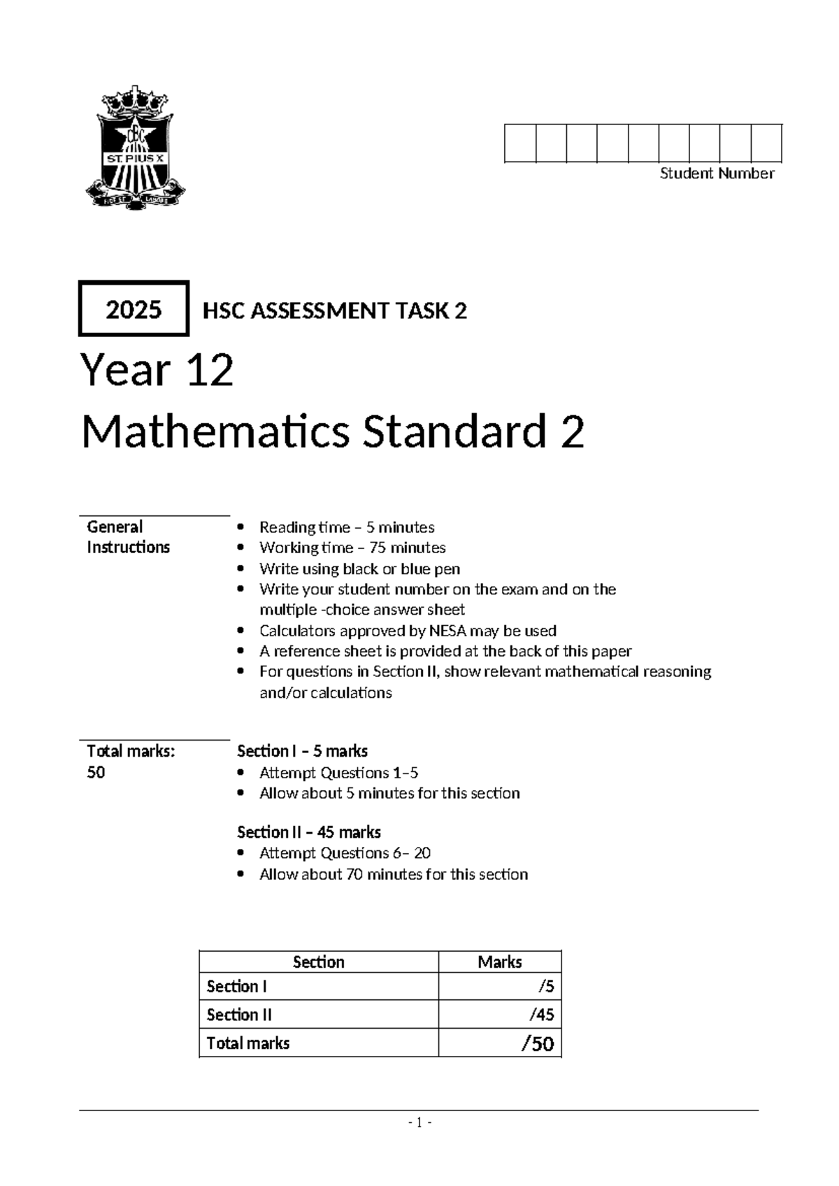 Yr12 Mathematics Standard 2 Assessment Task 2 - 2025 - Studocu