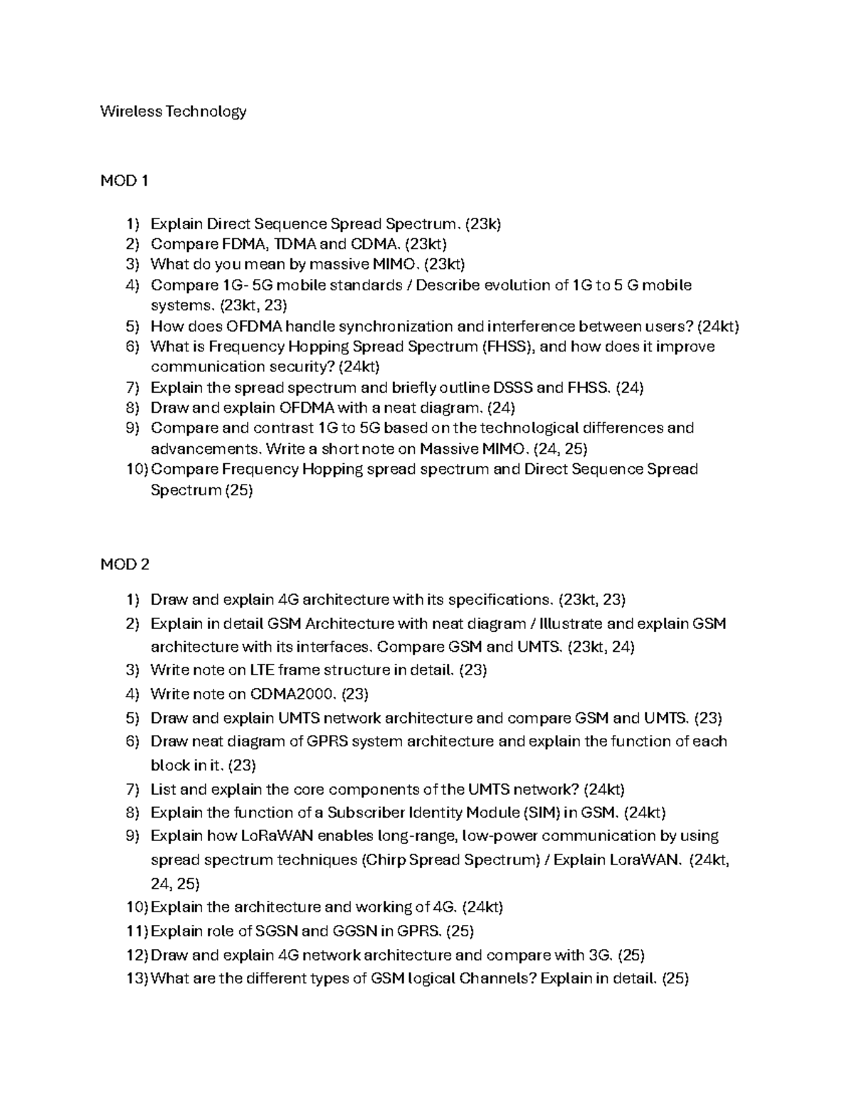 Wireless Technology PYQ Notes: MOD 1 to MOD 4 Overview - Studocu