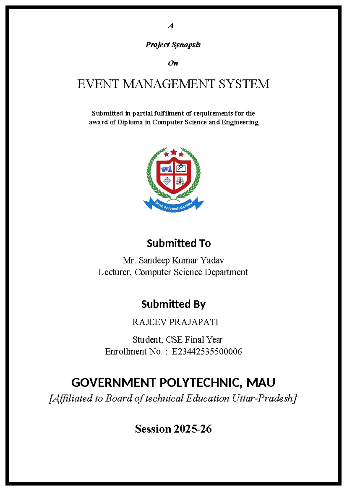 Event Management System Project Synopsis - CSE Diploma Final Year - Studocu