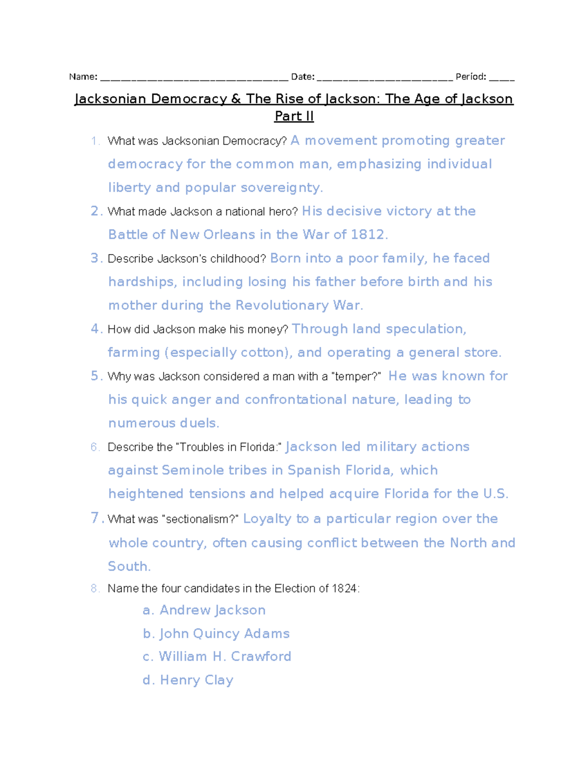 Guided Notes on Jacksonian Democracy (HIST 201) - Key Concepts & Events ...