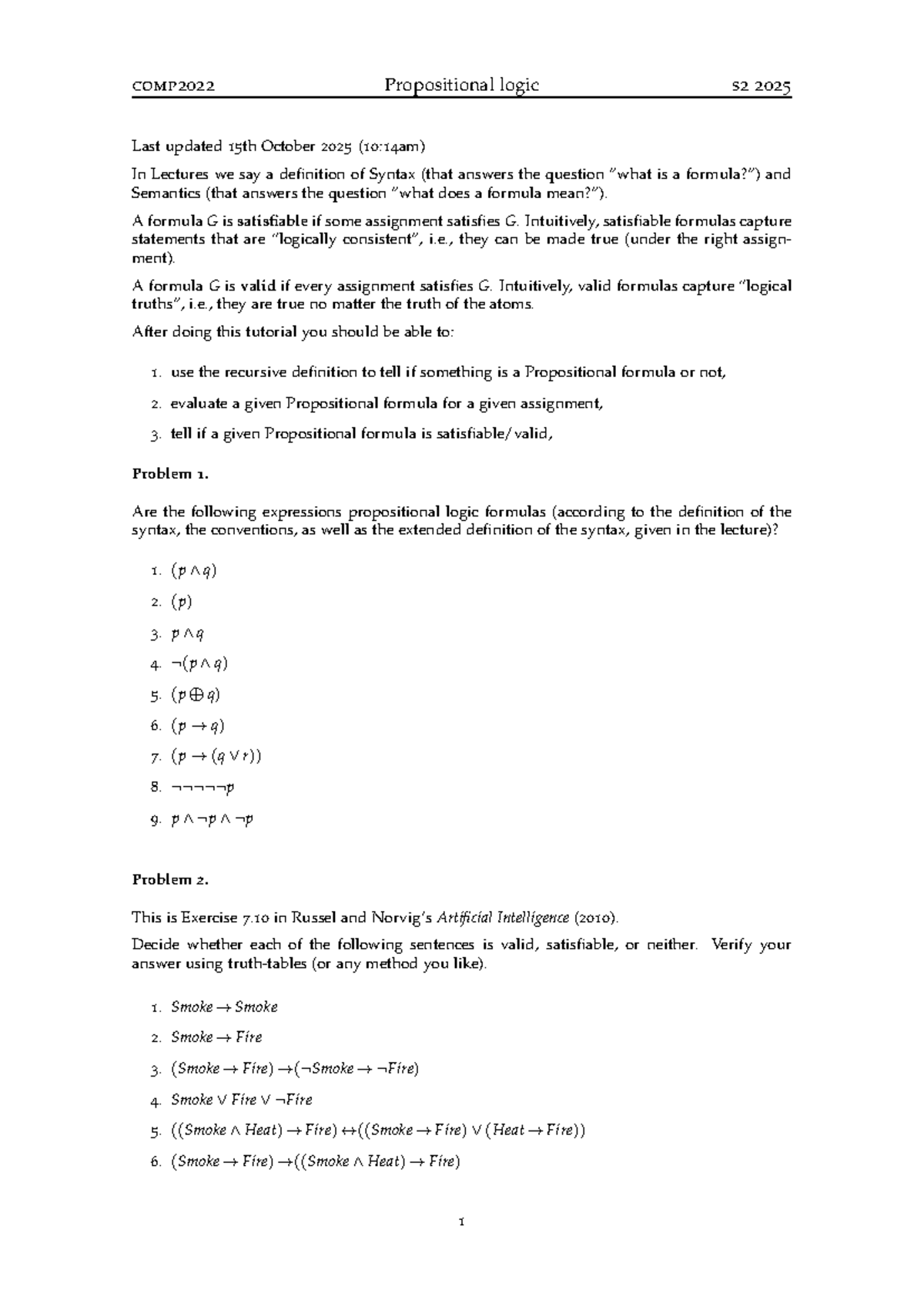 COMP2022 Week 10 Propositional Logic Overview and Exercises - Studocu