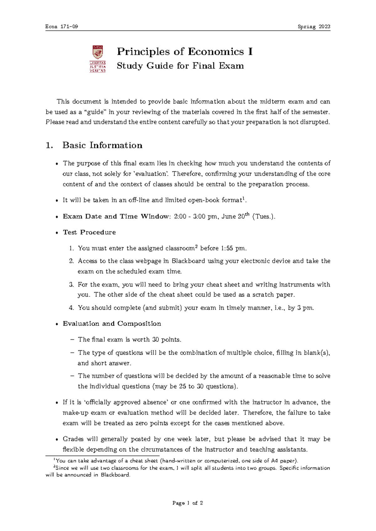 Econ171 Spring 2023 Principles of Economics I Final Exam Study Guide ...