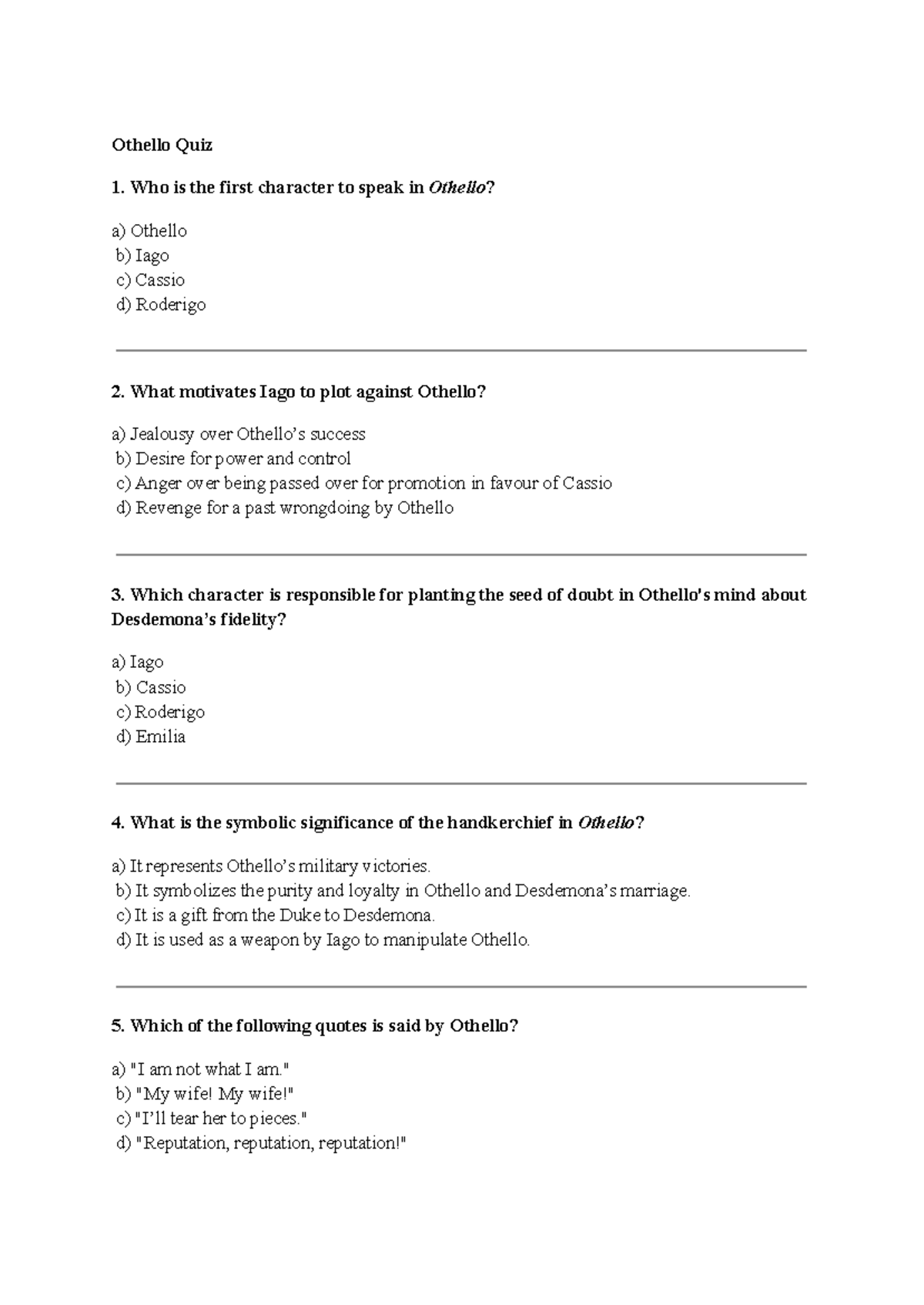 Othello Quiz 1: Key Questions and Answers on the Play - Studocu
