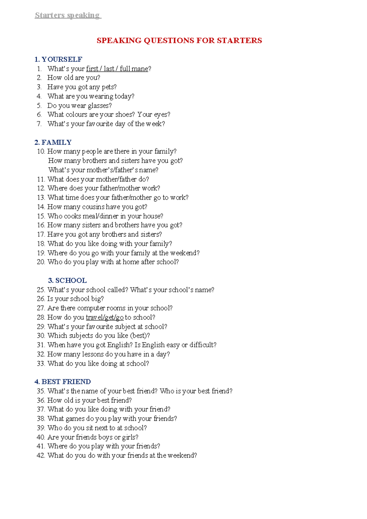 Starters Speaking Questions for Beginners - Studocu