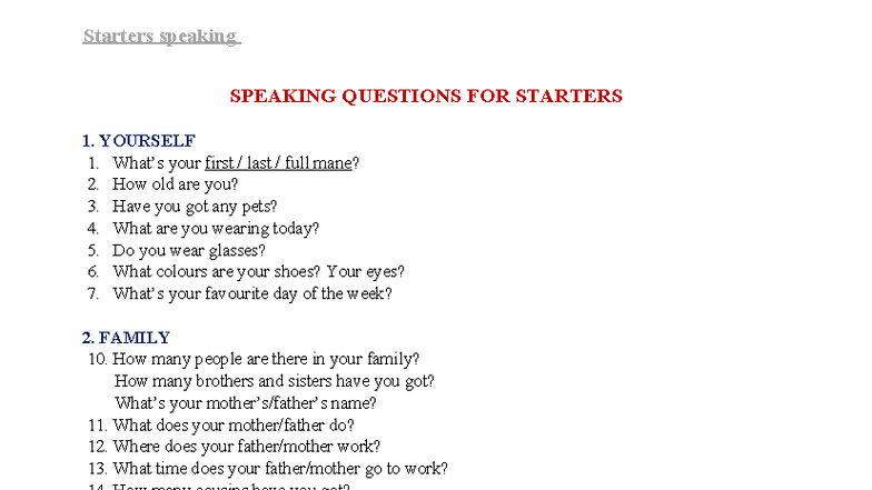 Starters Speaking Questions for Beginners - Studocu
