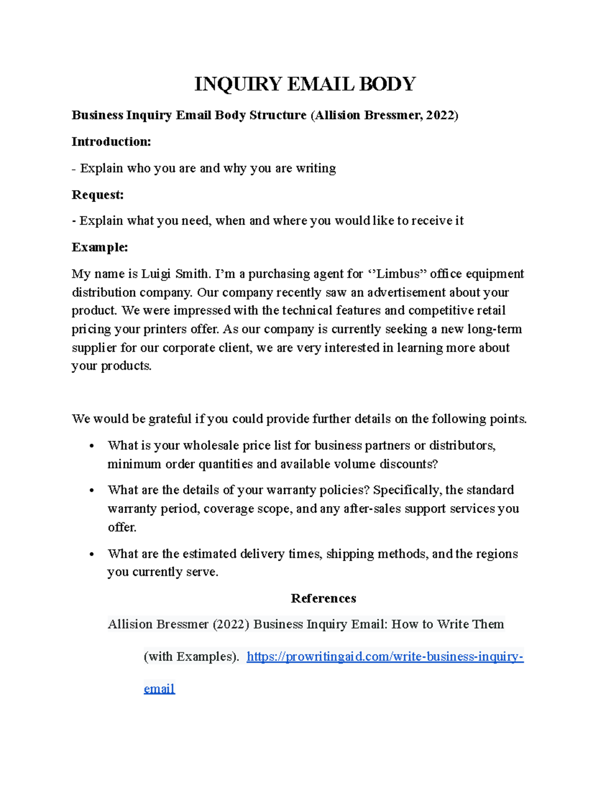 Business Inquiry Email Body Structure (BIZ 101) - Studocu