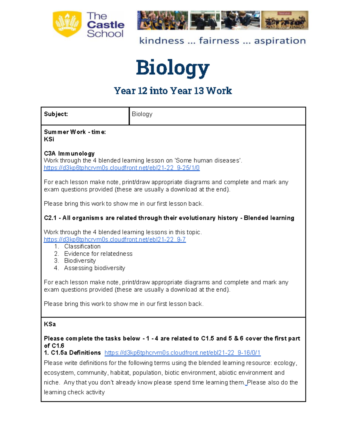 Biology Summer Work 2025: Year 12 to Year 13 Transition - Studocu