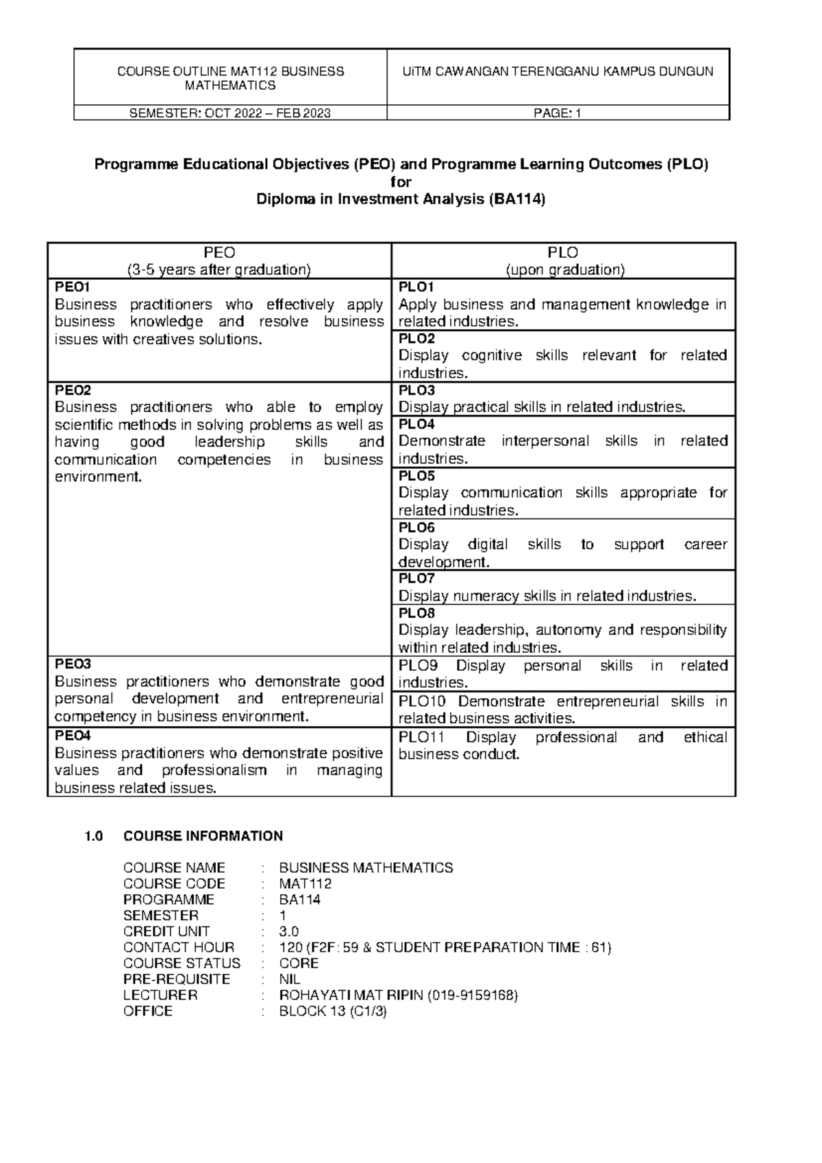 MAT112 - Business Mathematics Course Outline (Oct 2022 - Feb 2023 ...