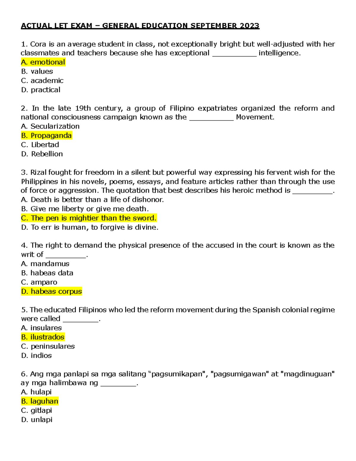 ACTUAL LET EXAM GENERAL EDUCATION ANSWER KEY SEPT 2023 - Studocu