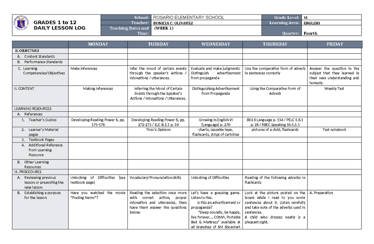 DLL English 6 Q4 W1 - GRADES 1 to 12 DAILY LESSON LOG School: ROSARIO ...