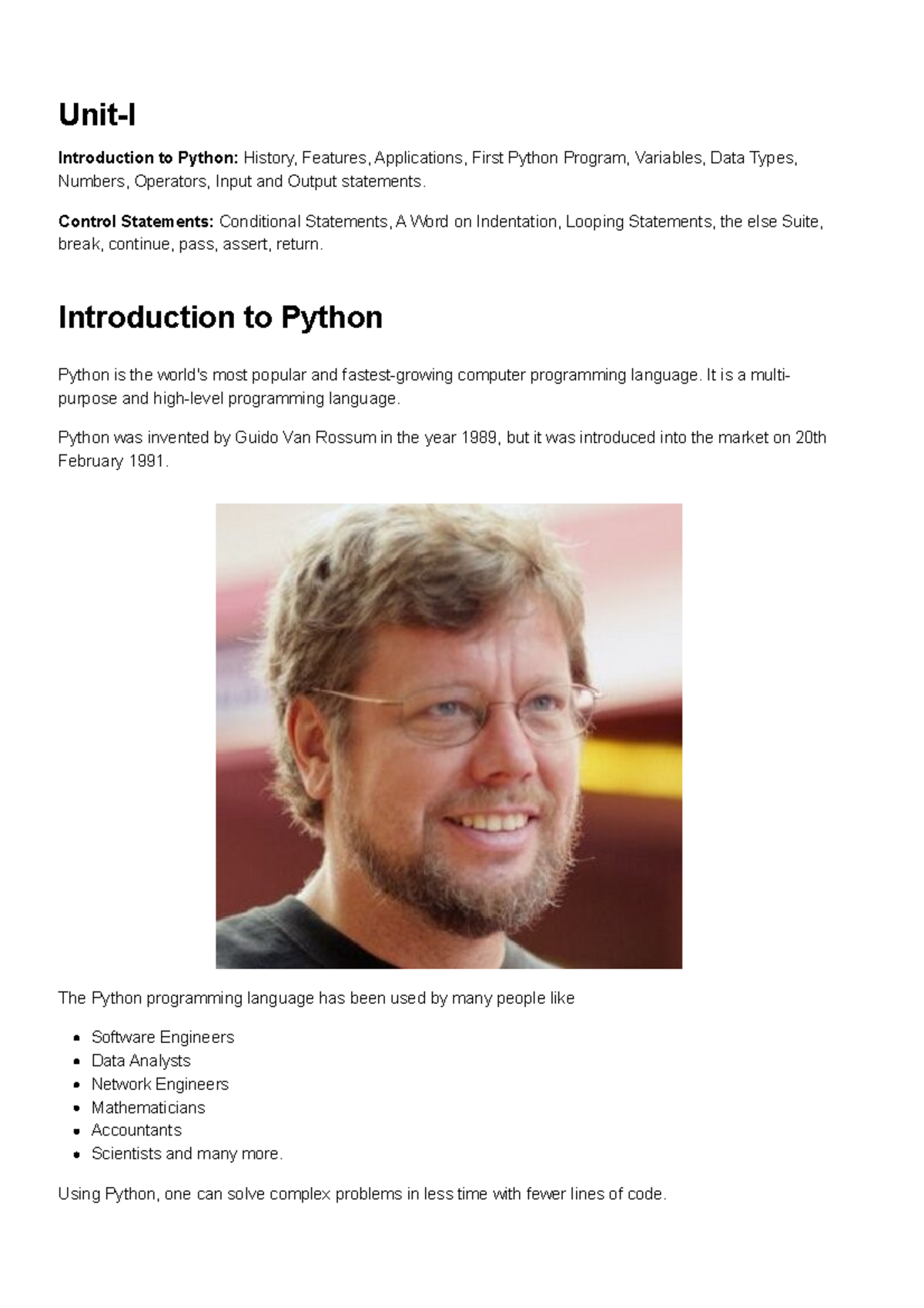Unit-I Notes: Introduction to Python - History, Features, and ...