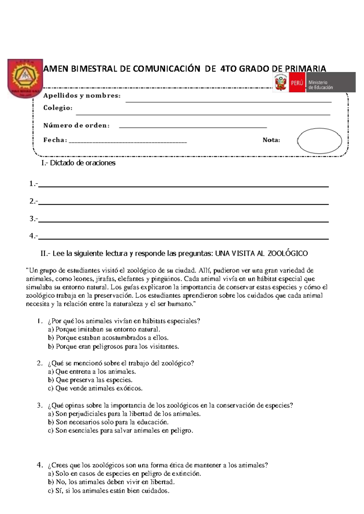 Examen Bimestral de Comunicación - 4to Grado de Primaria - Studocu