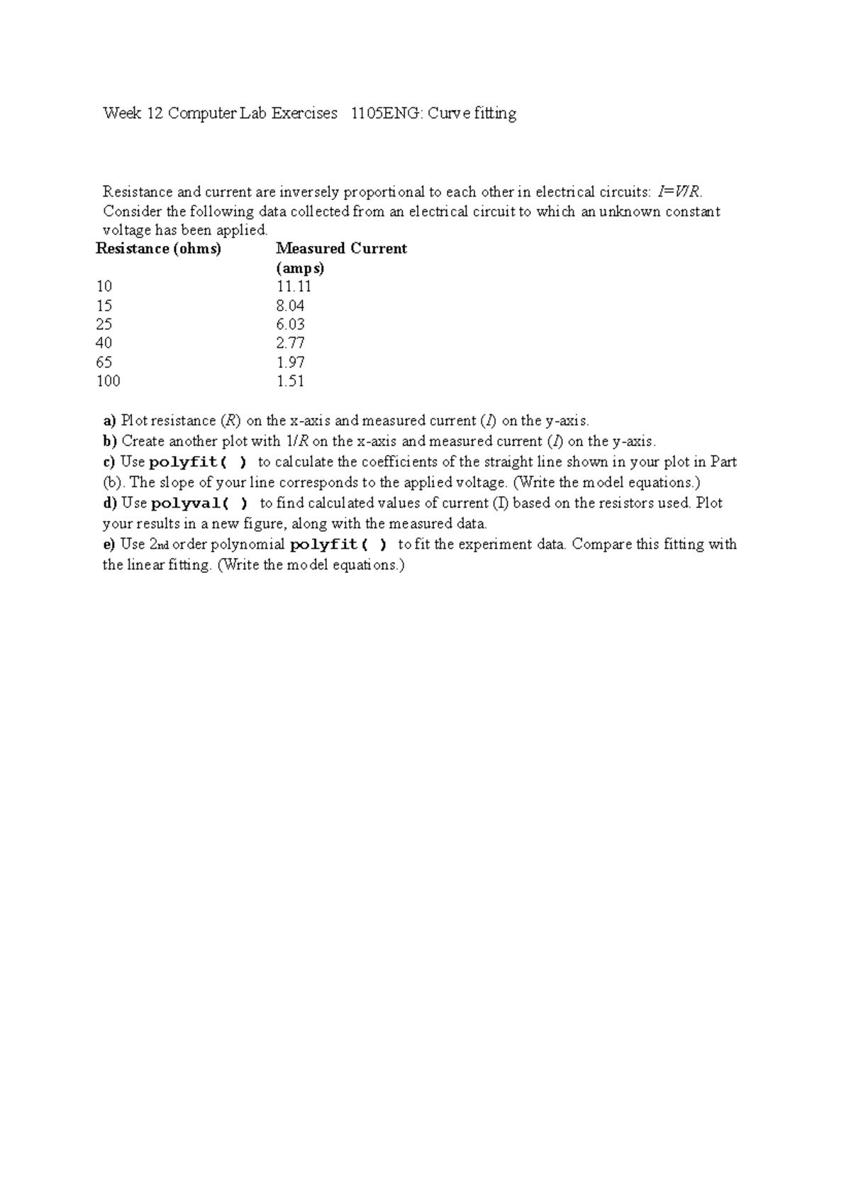 Week 12 Lab Exercises: Curve Fitting in 1105ENG - Studocu