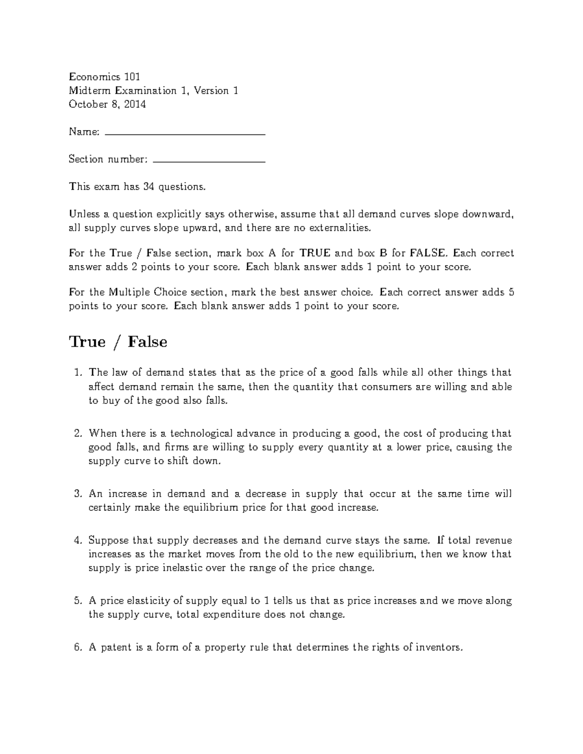 Econ 101 Midterm Exam 1 - Mr. Dudley's Class, Oct 2014 - Studocu